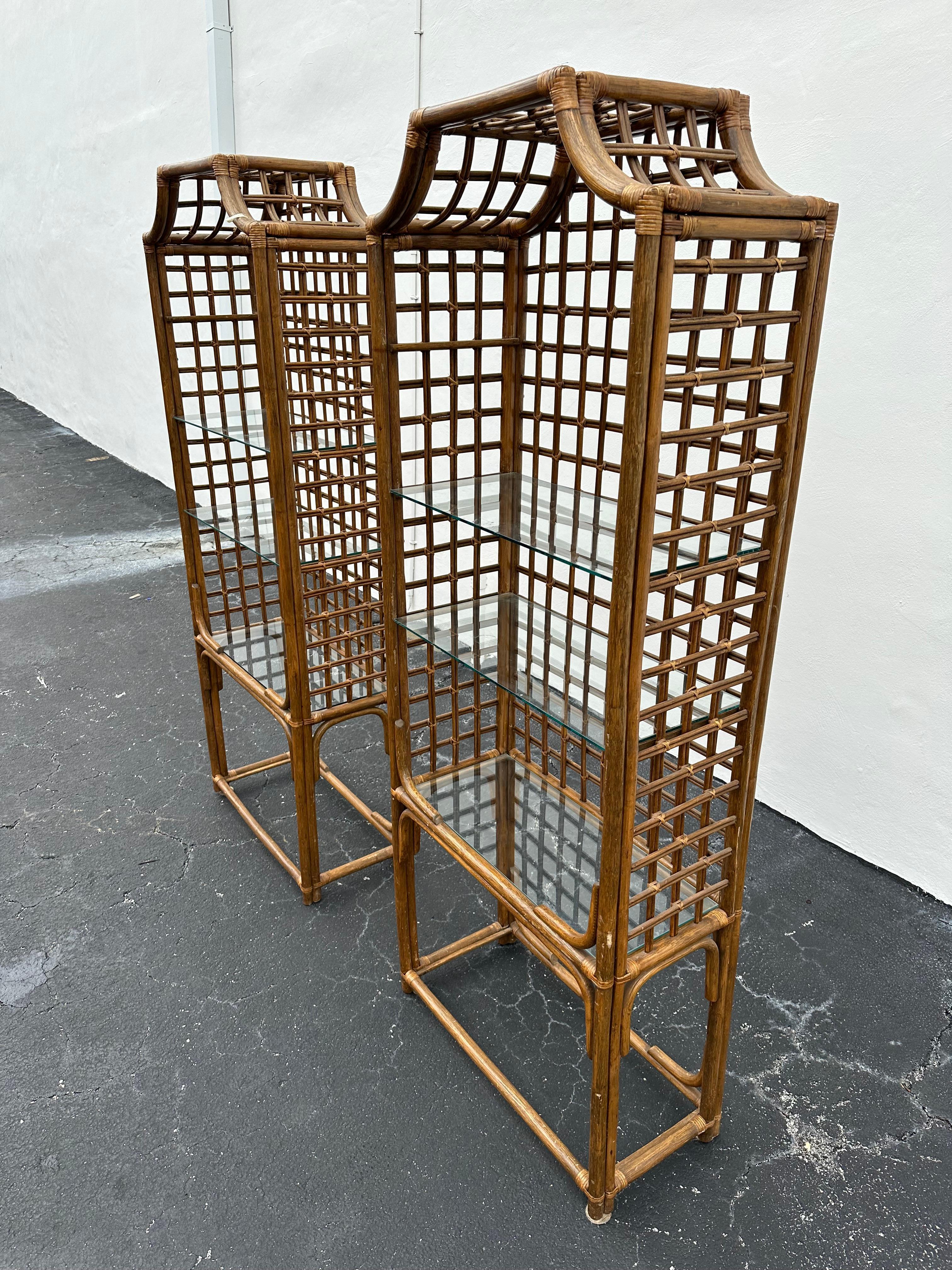 Asian 1970s Pagoda Rattan Glass Bookcase Etagere Display Shelves, Ser of 2 For Sale