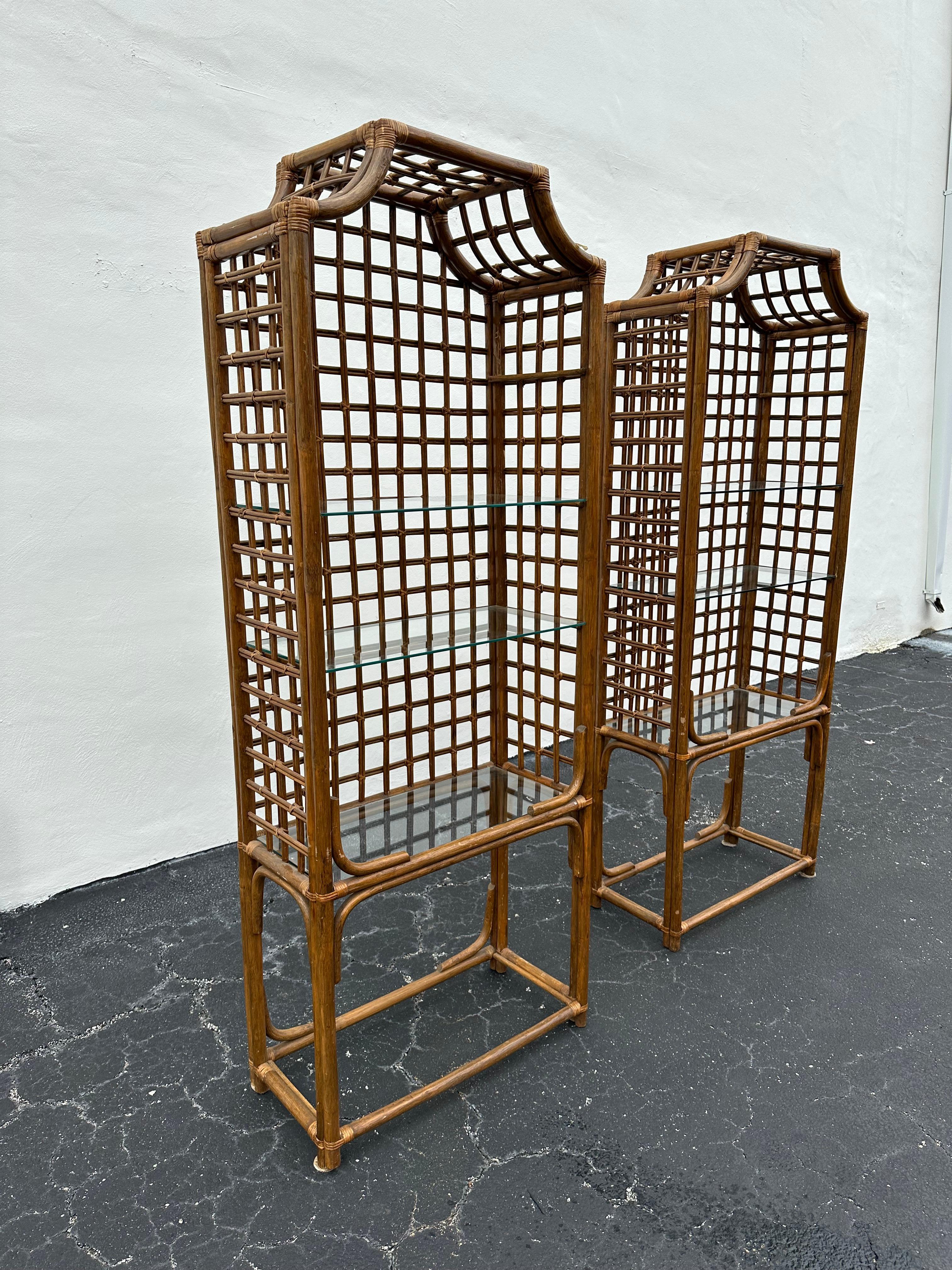Late 20th Century 1970s Pagoda Rattan Glass Bookcase Etagere Display Shelves, Ser of 2 For Sale