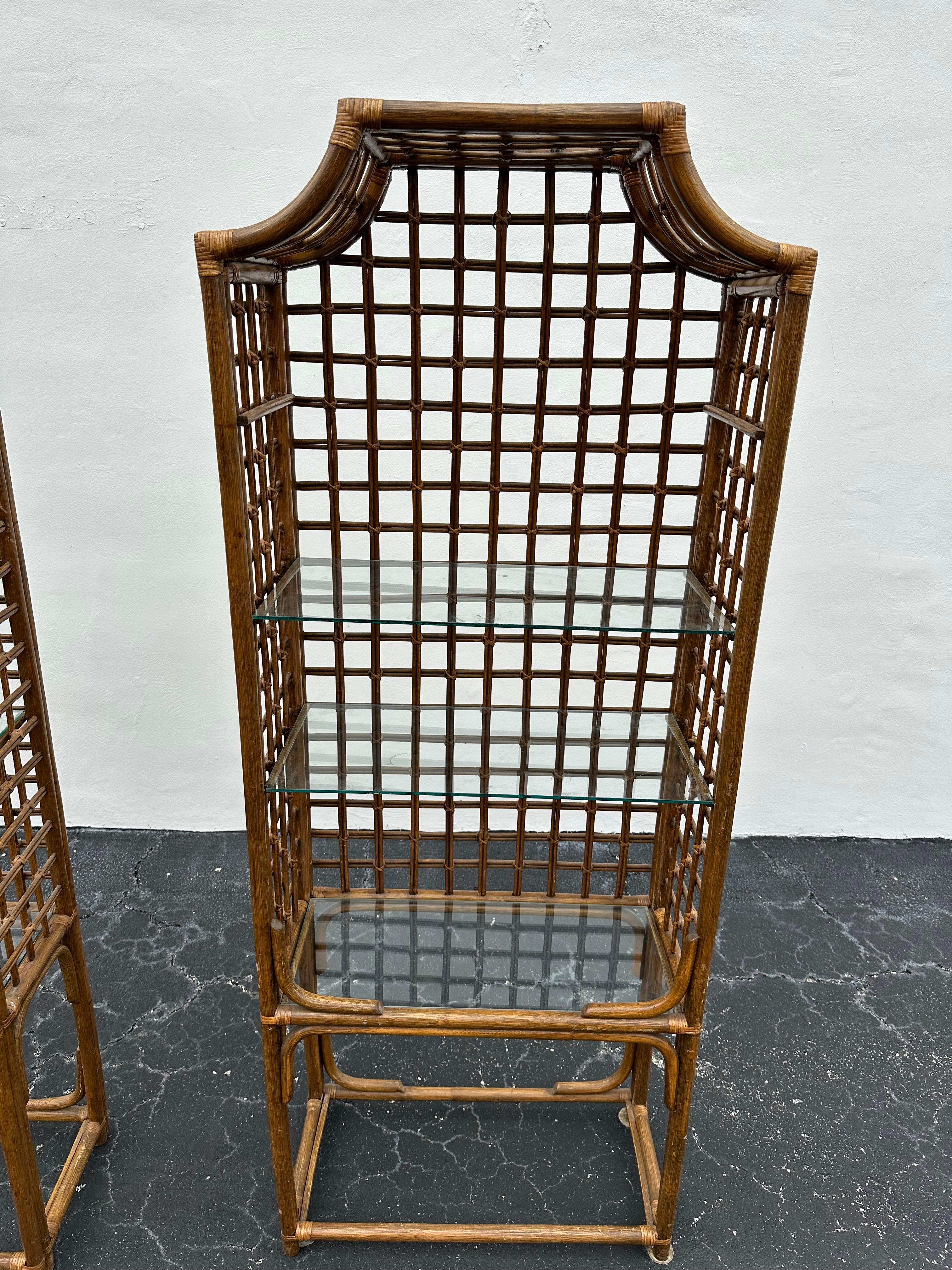 1970s Pagoda Rattan Glass Bookcase Etagere Display Shelves, Ser of 2 For Sale 1