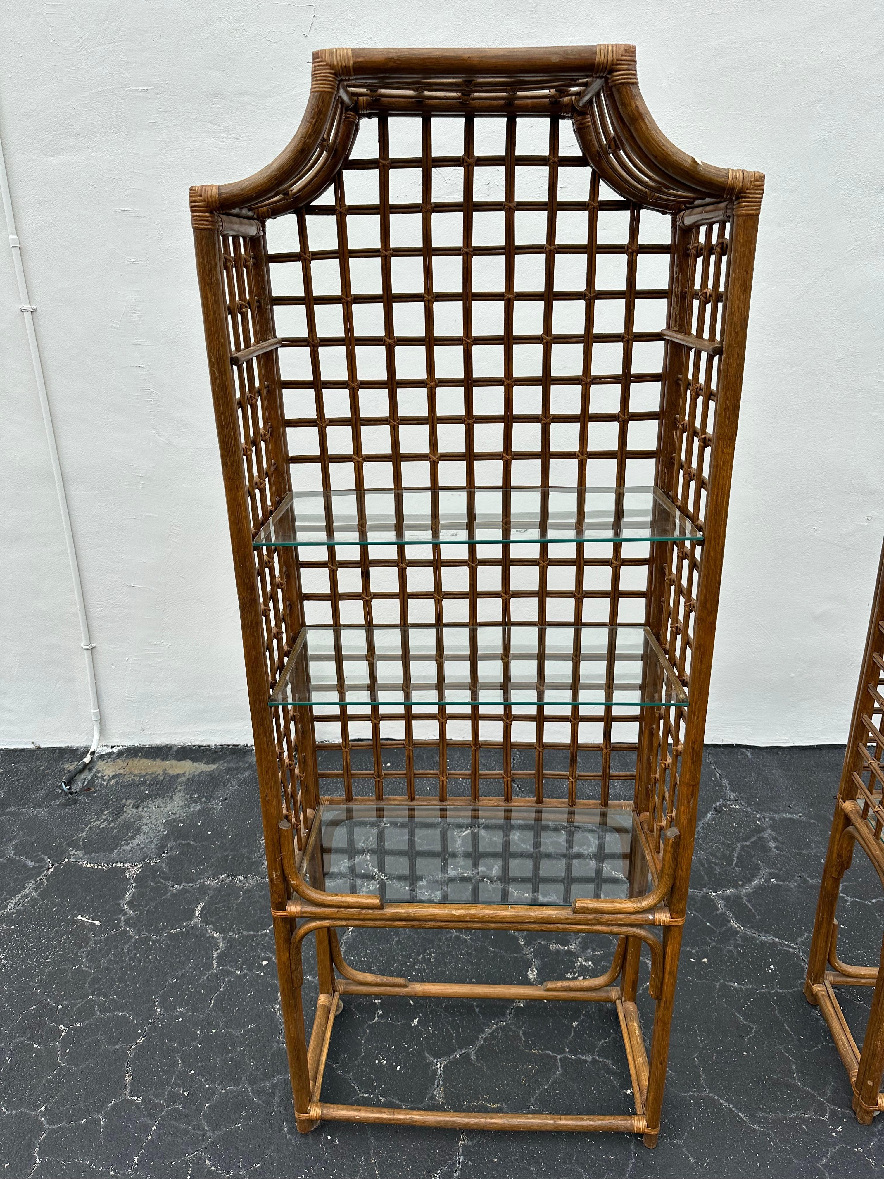 1970s Pagoda Rattan Glass Bookcase Etagere Display Shelves, Ser of 2 For Sale 2
