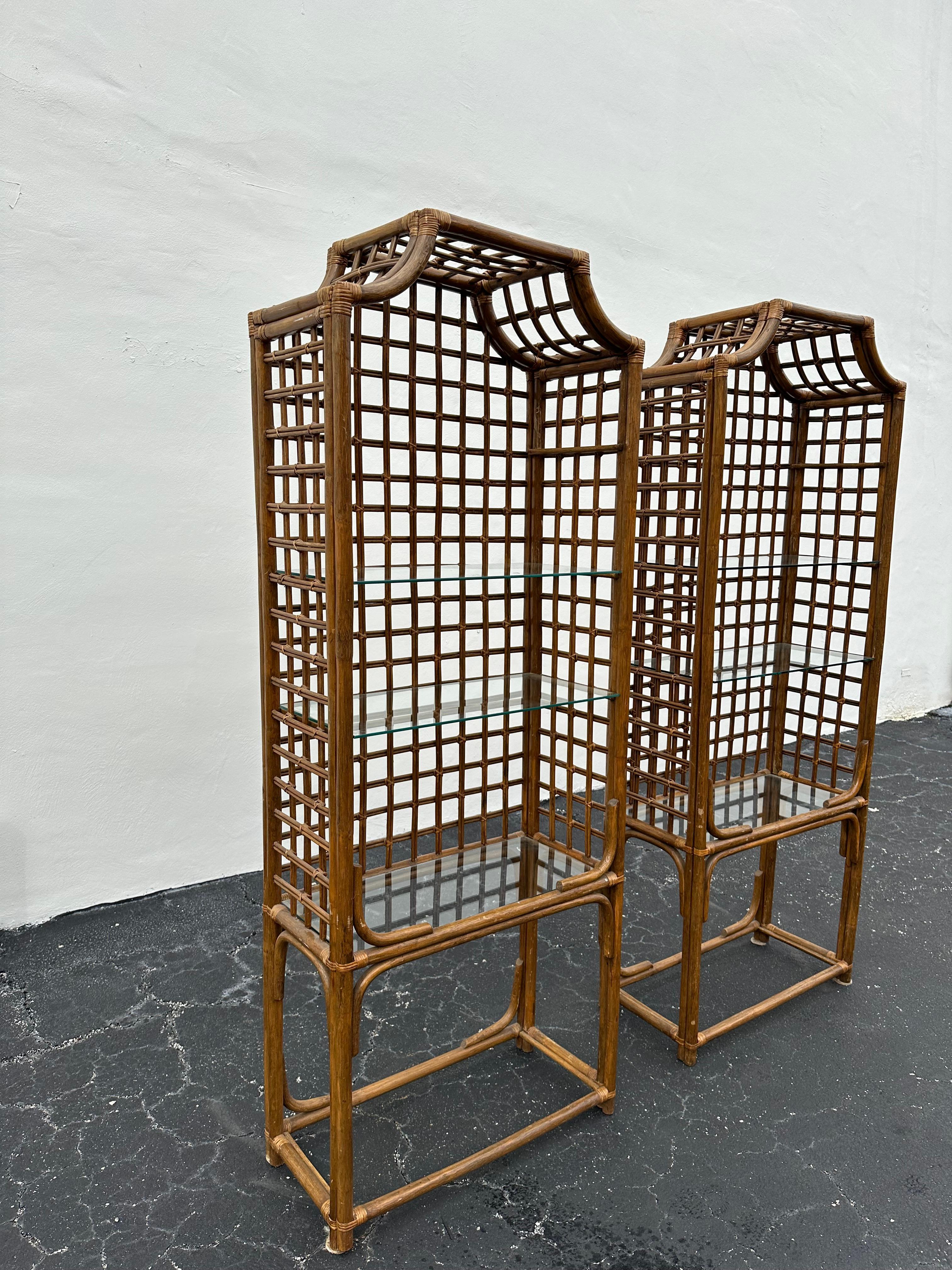 1970s Pagoda Rattan Glass Bookcase Etagere Display Shelves, Ser of 2 For Sale 3