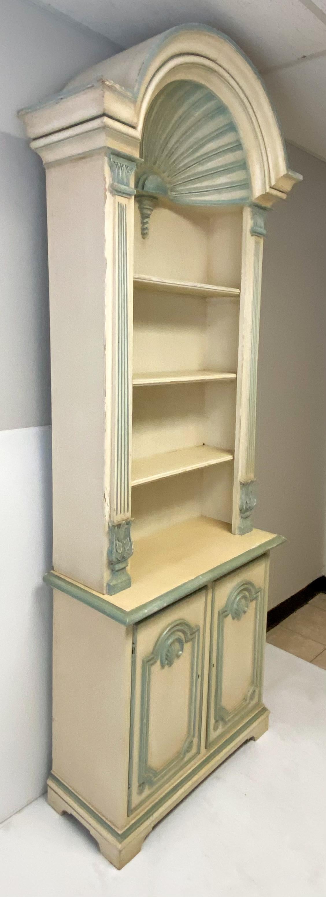 American 1970s Painted Grotto Inspired Carved Pine Shell Bookcases / Cabinets, a Pair