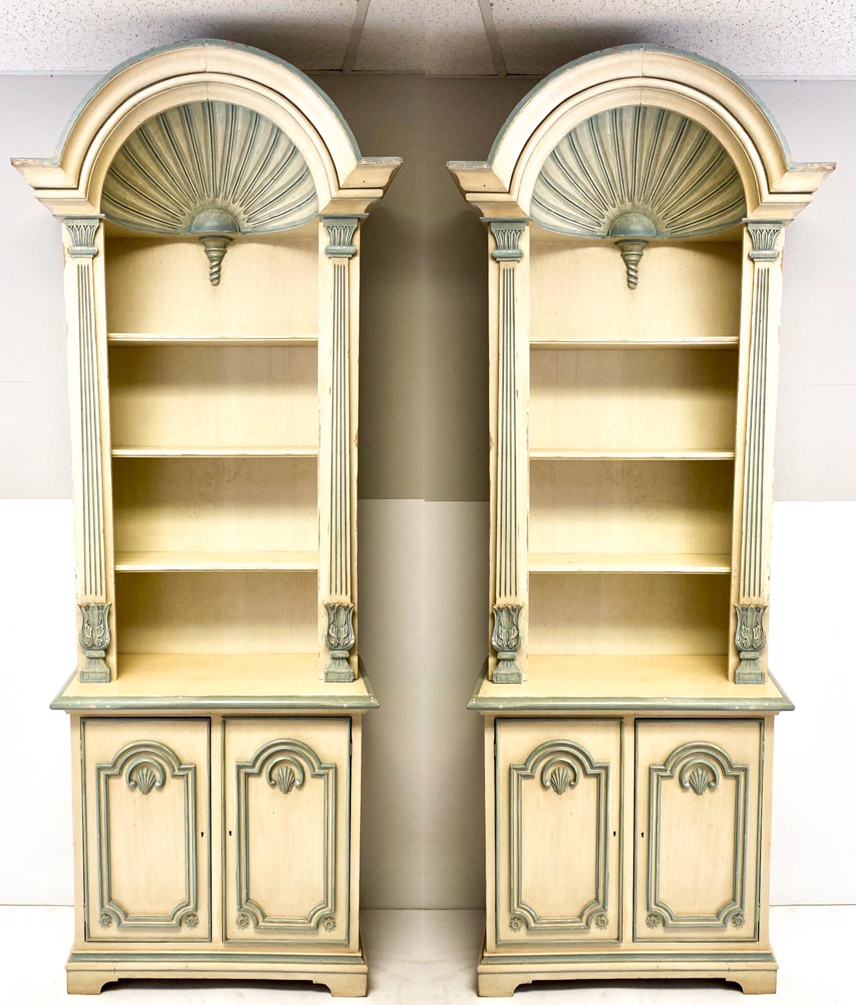 20th Century 1970s Painted Grotto Inspired Carved Pine Shell Bookcases / Cabinets, a Pair