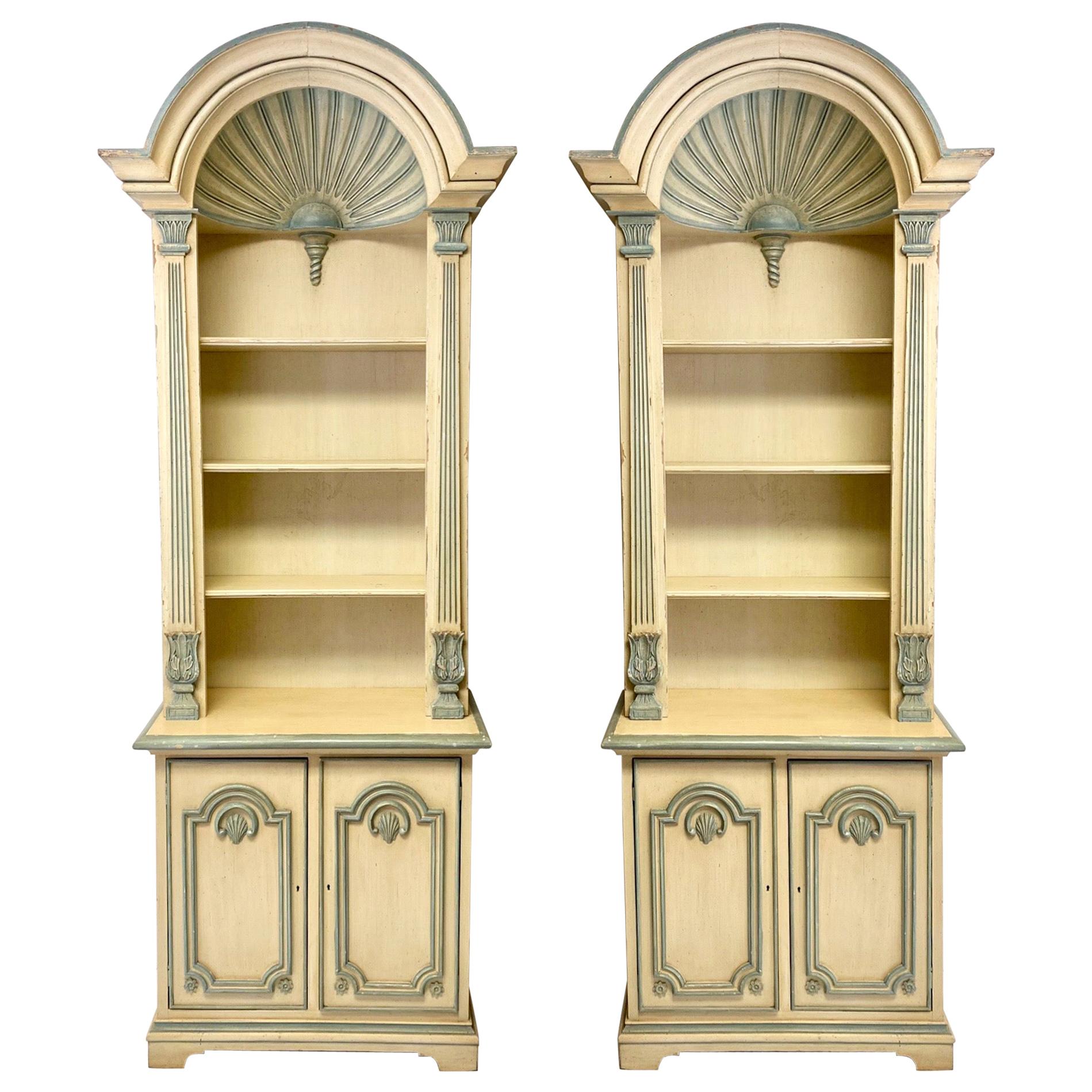 1970s Painted Grotto Inspired Carved Pine Shell Bookcases / Cabinets, a Pair