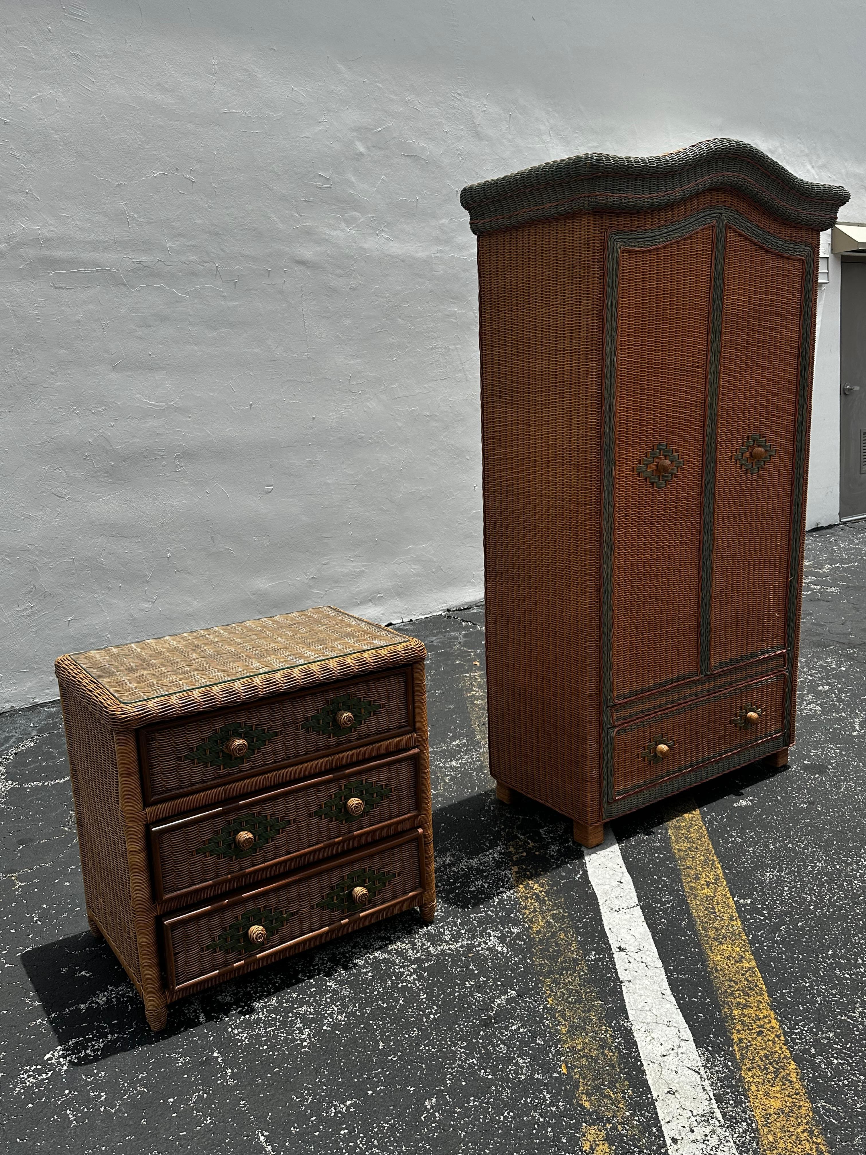 1970s Arch Rattan Wardrobe Armoire Chest of Drawers, set of 2 For Sale 10
