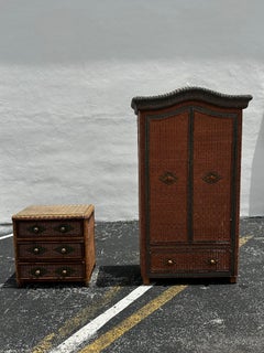 1970s Arch Rattan Wardrobe Armoire Chest of Drawers, set of 2