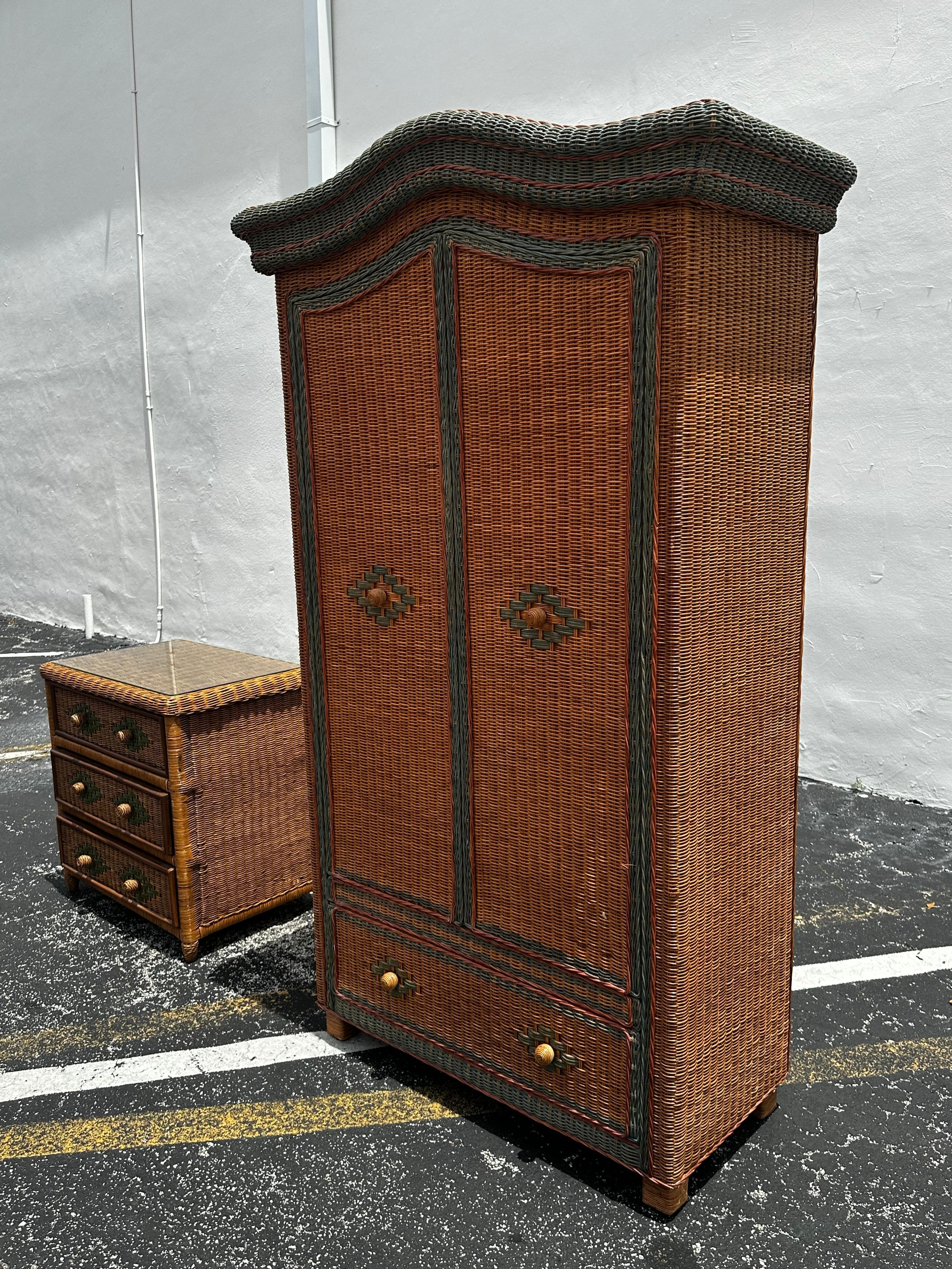 Philippine 1970s Arch Rattan Wardrobe Armoire Chest of Drawers, set of 2 For Sale
