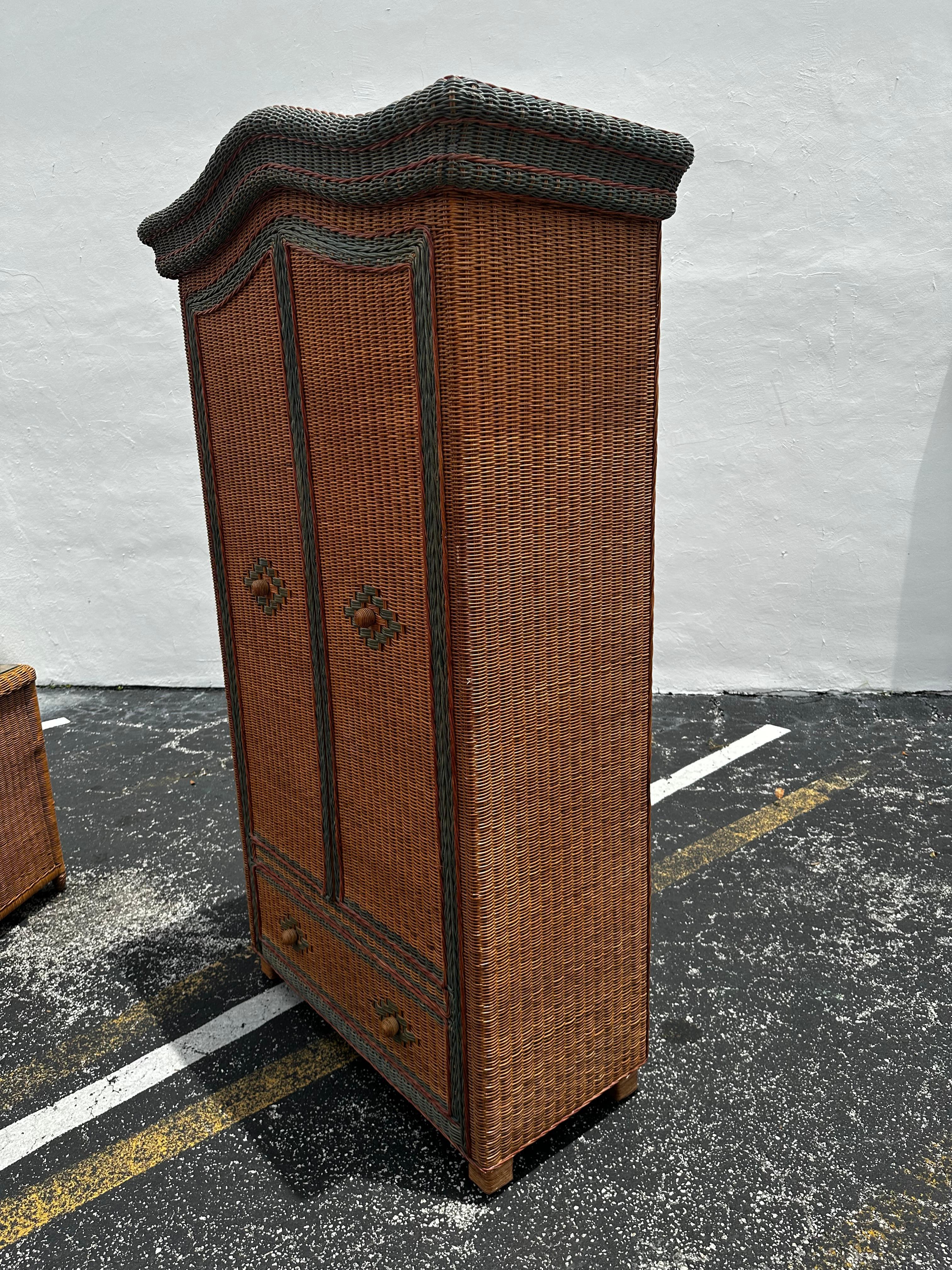 1970s Arch Rattan Wardrobe Armoire Chest of Drawers, set of 2 In Good Condition For Sale In Fort Lauderdale, FL