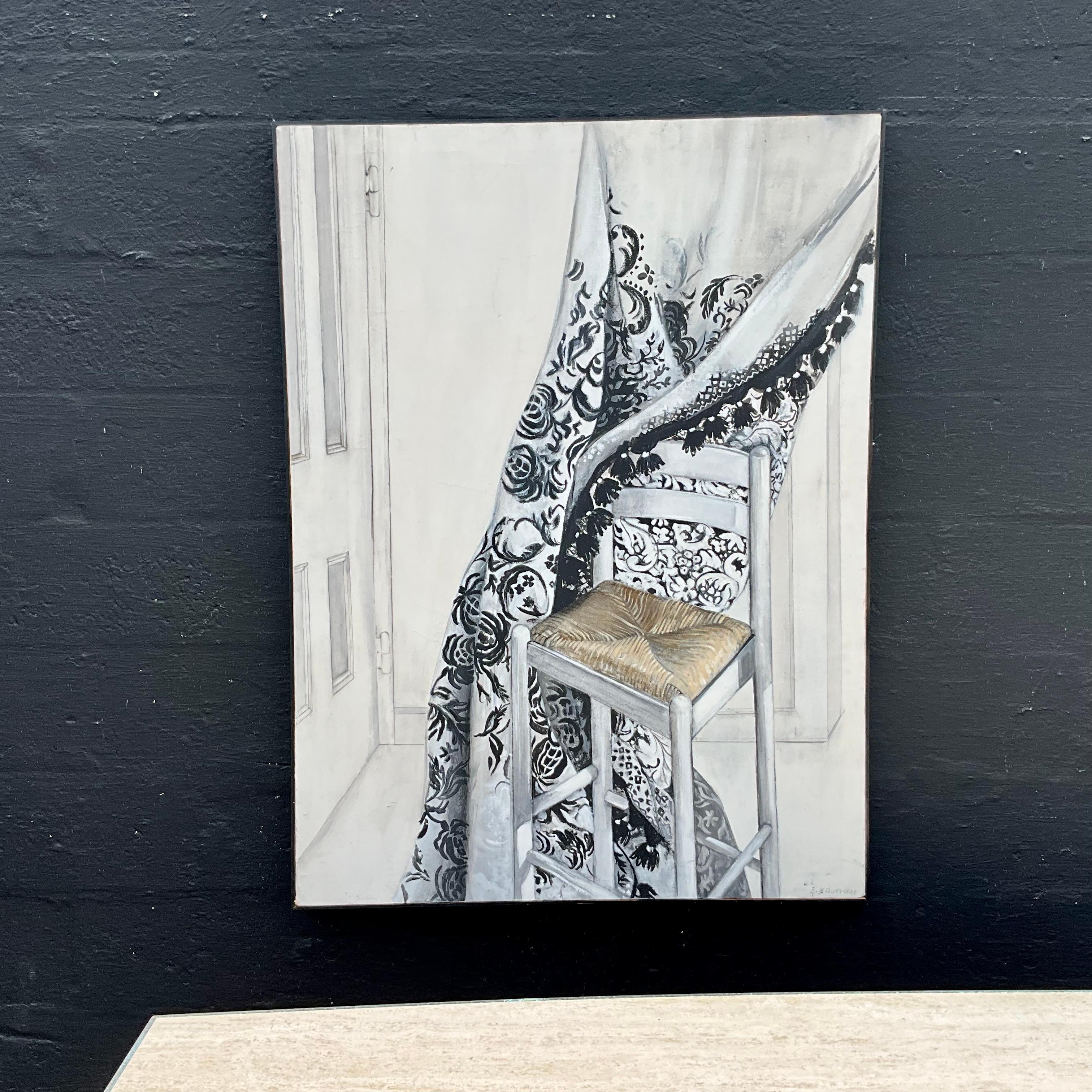 
1970s Painting by E.M. Kaufman

This 1970s painting by E.M. Kaufman features a chair draped with fabric and sheer curtains, showcasing floral patterns. The artwork highlights light and shadow, creating a sense of depth and tranquility. It is