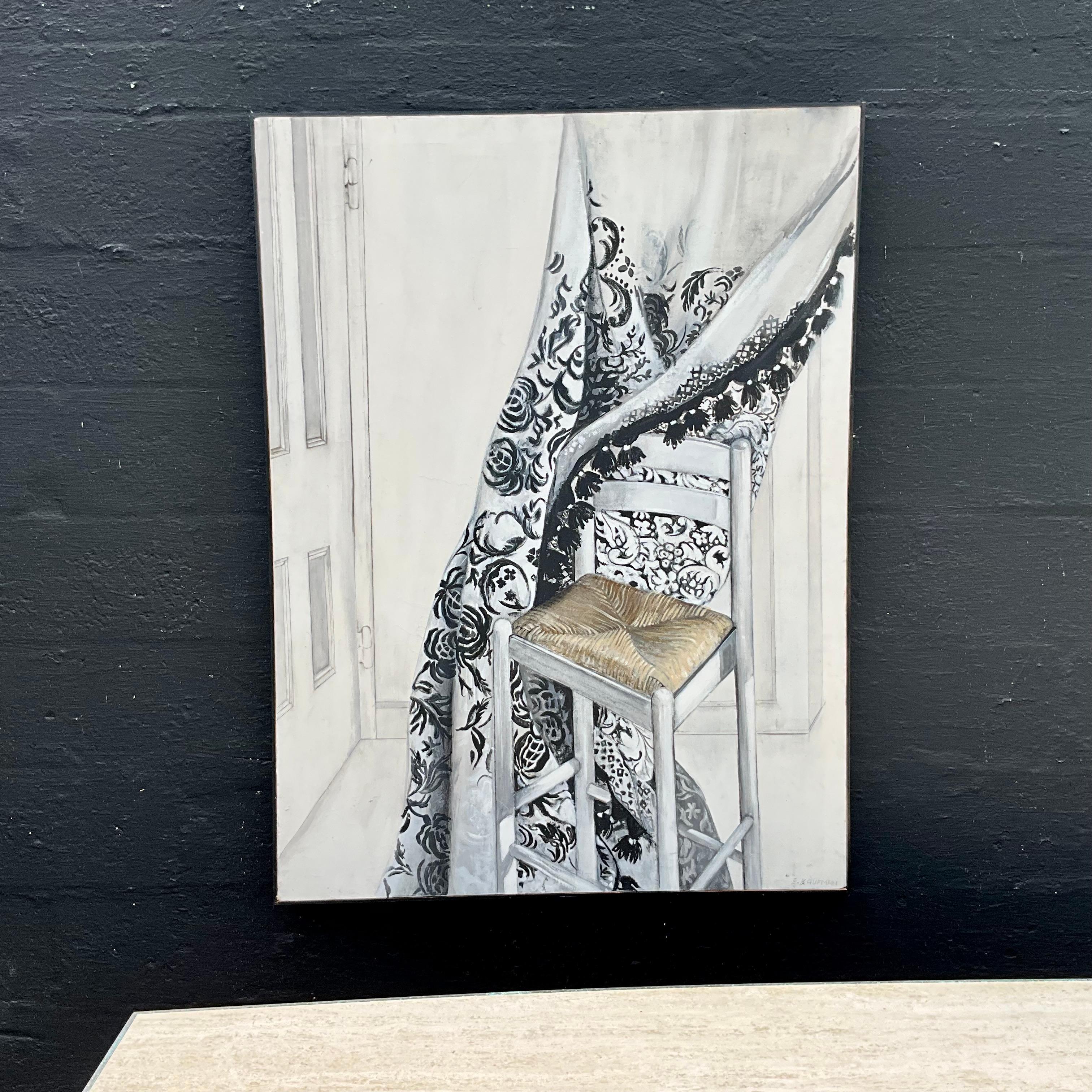 Hollywood Regency 1970s Painting by E.M. Kaufman Black and White en vente