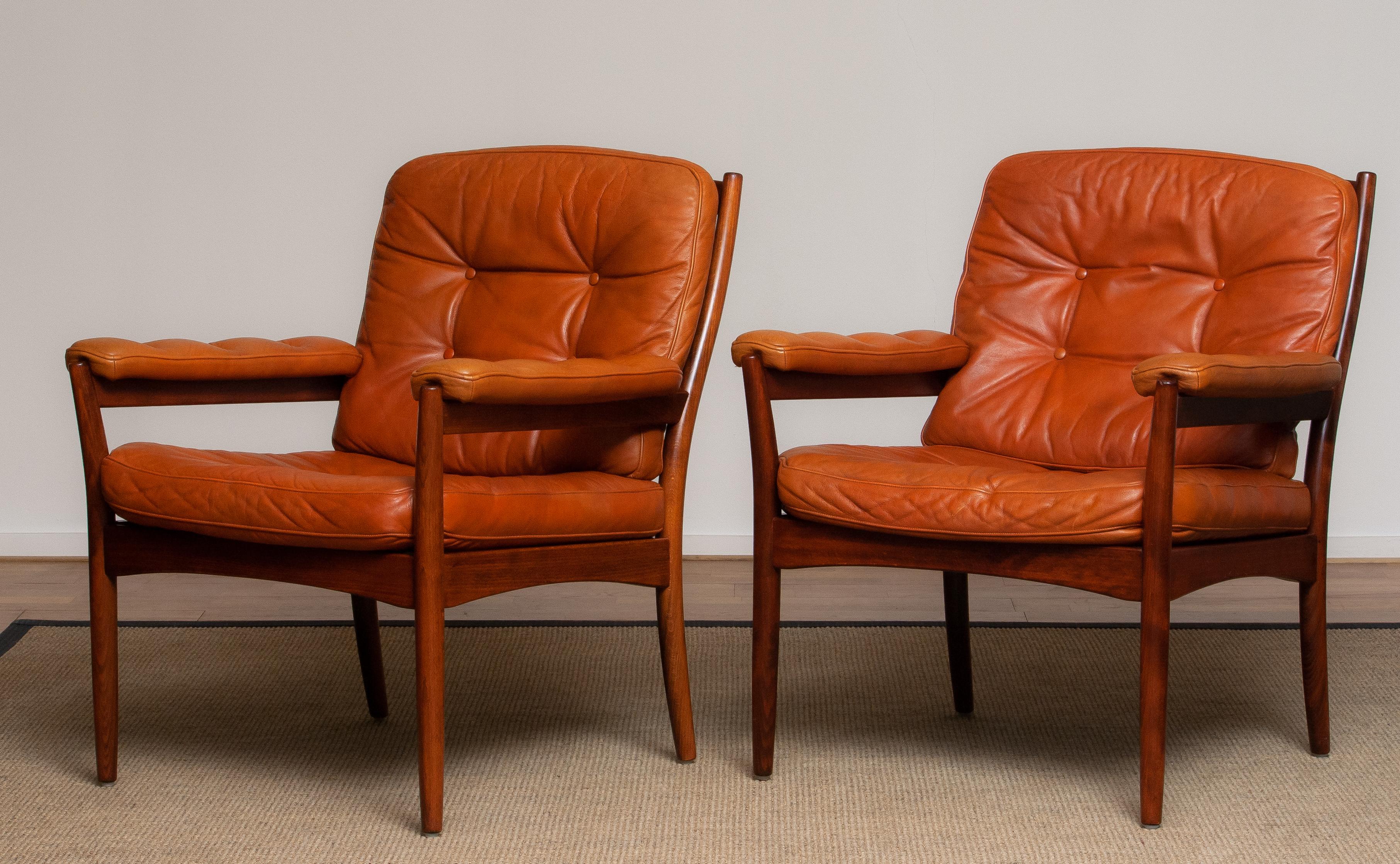 Scandinavian Modern 1970s Pair of Armchairs in Sturdy Cognac Leather by Göte Möbel Sweden, Carmen