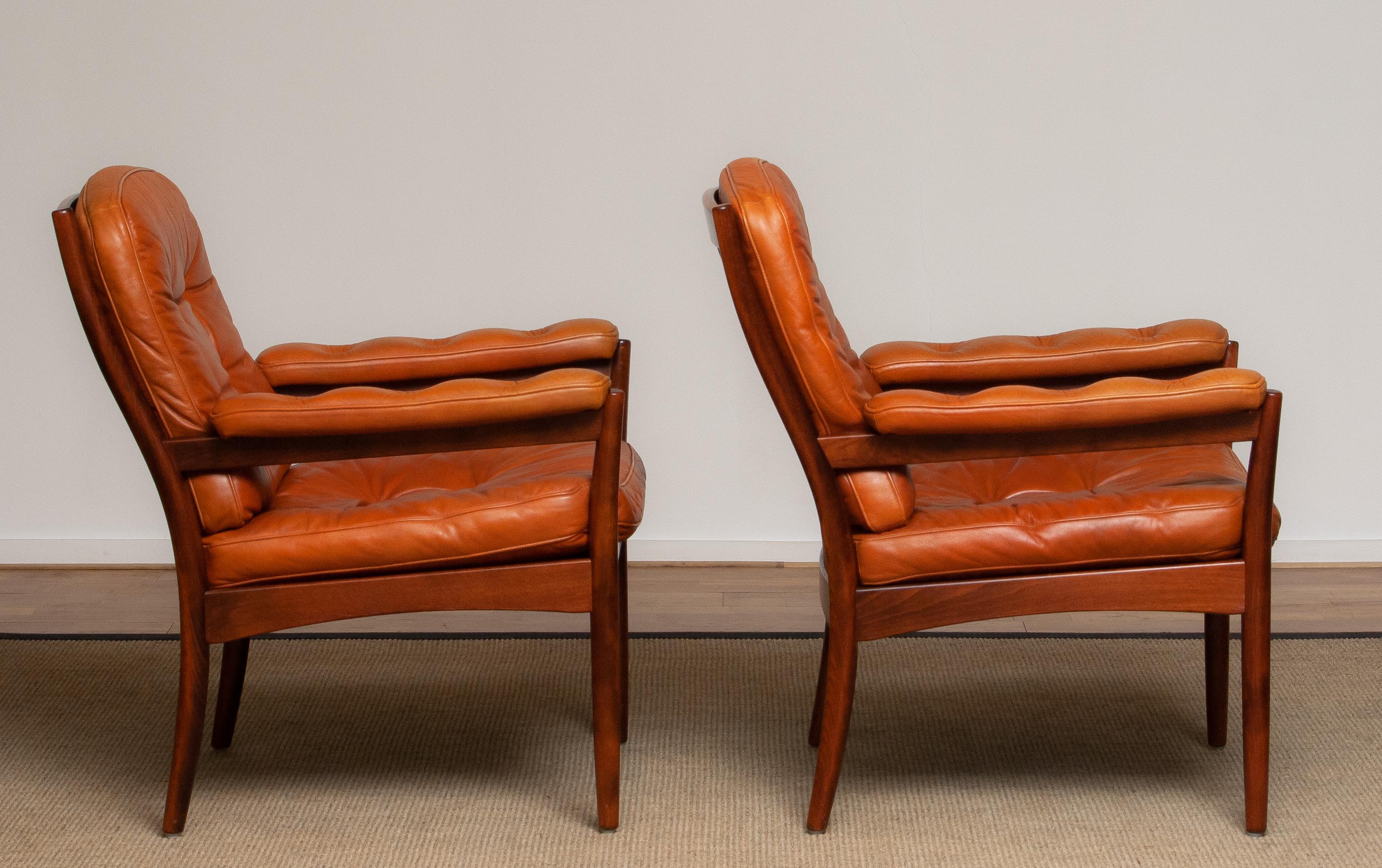 Late 20th Century 1970s Pair of Armchairs in Sturdy Cognac Leather by Göte Möbel Sweden, Carmen