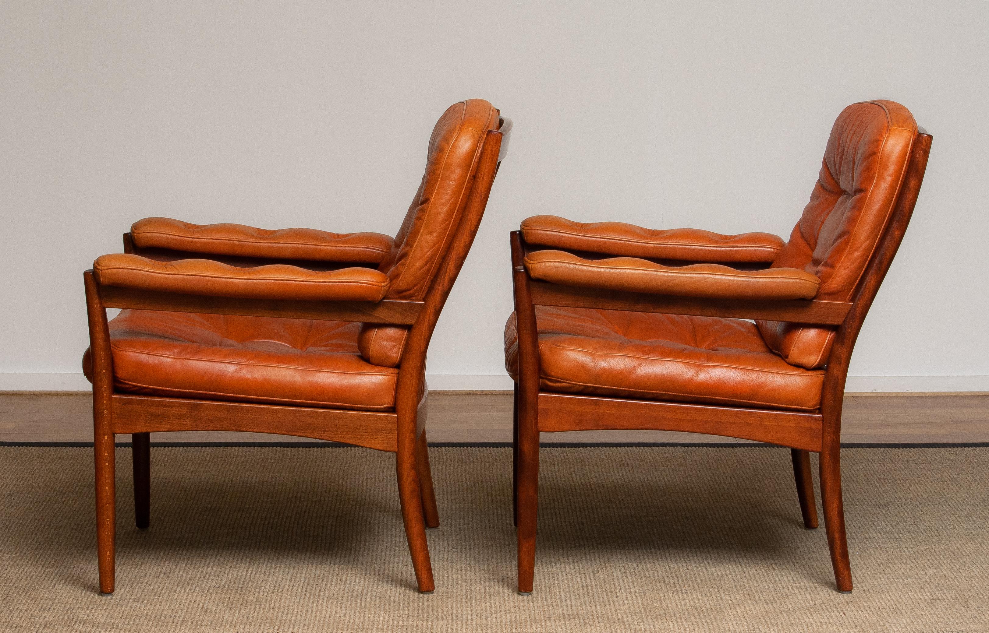 1970s Pair of Armchairs in Sturdy Cognac Leather by Göte Möbel Sweden, Carmen 1