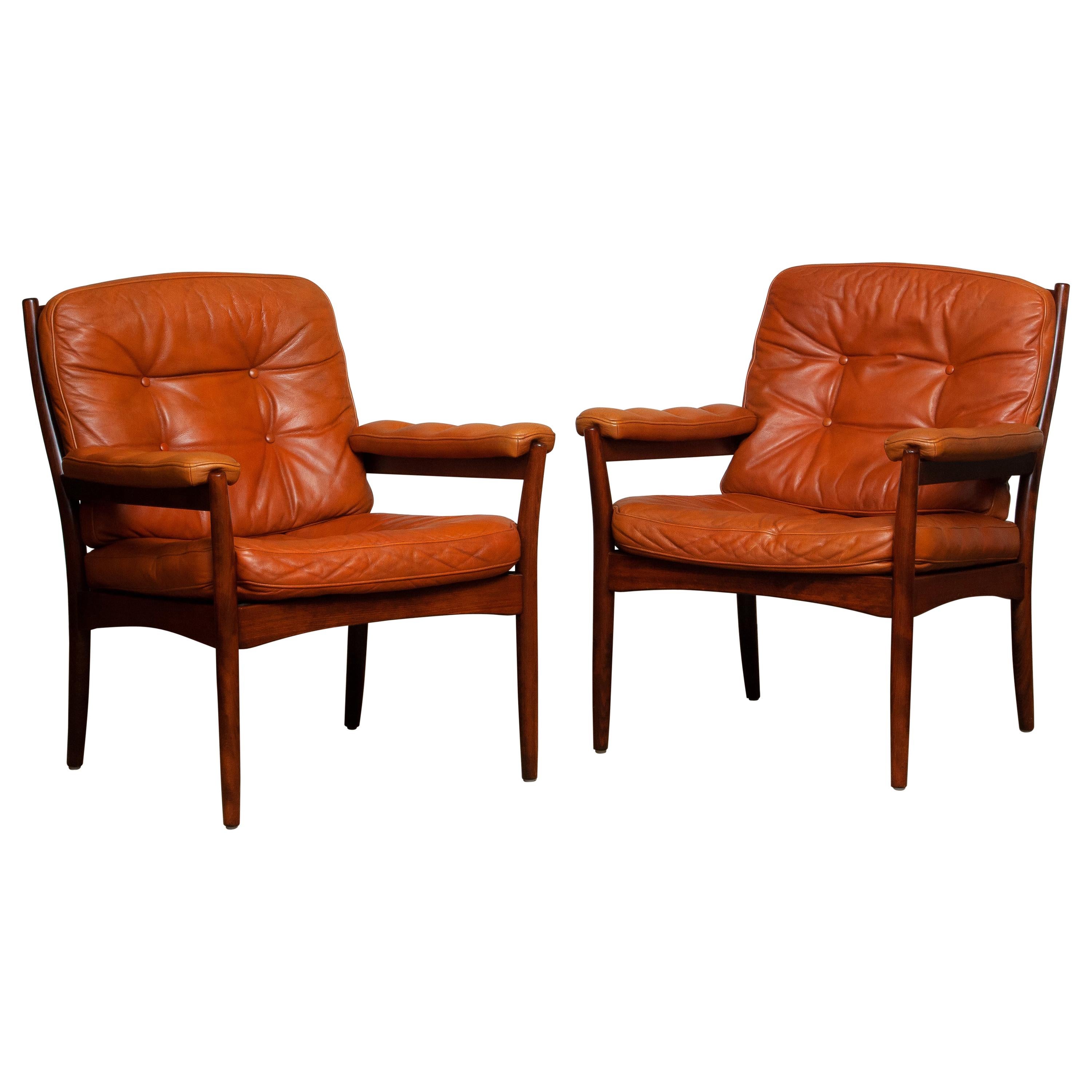 1970s Pair of Armchairs in Sturdy Cognac Leather by Göte Möbel Sweden, Carmen