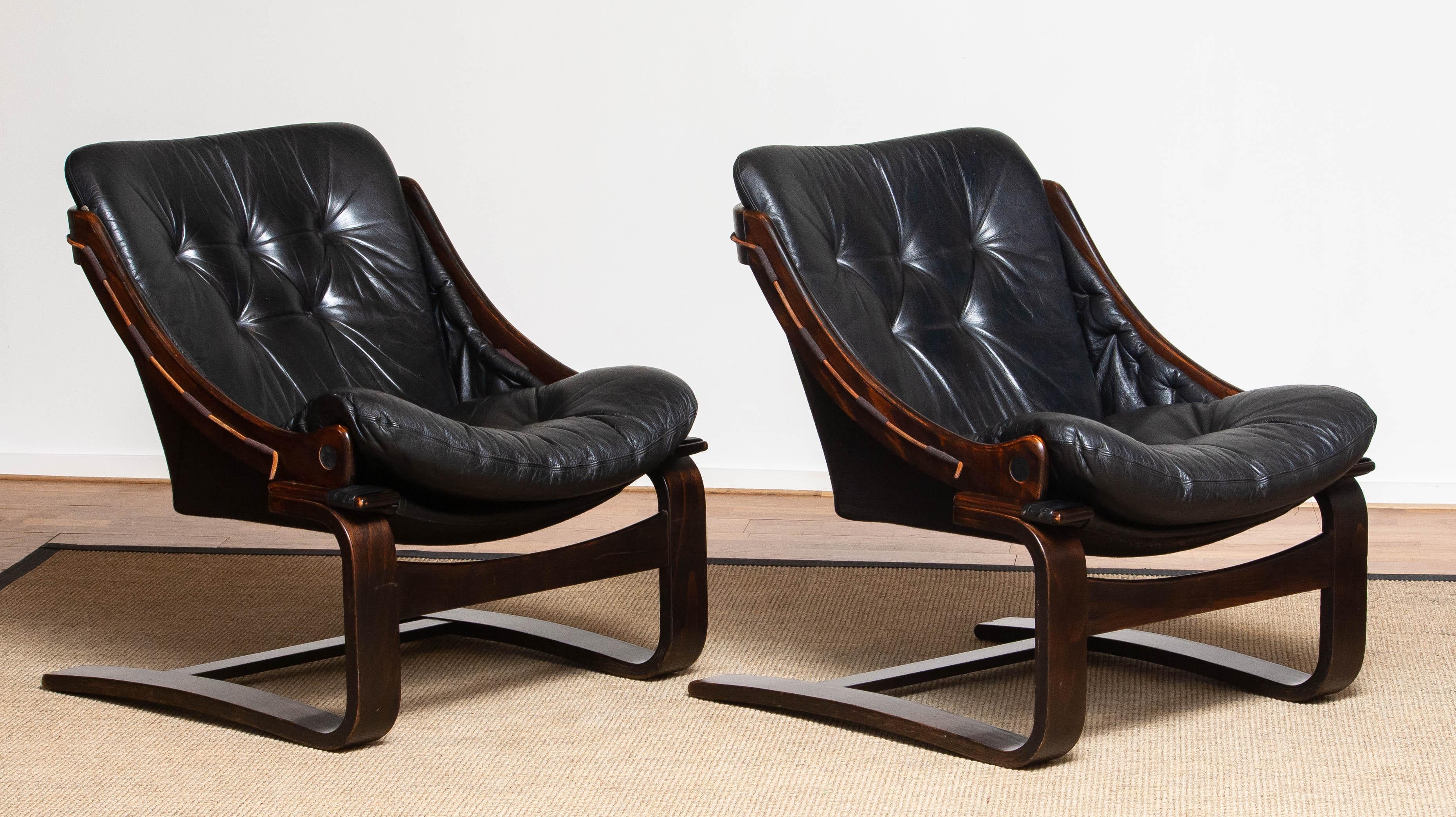 1970's Pair Black Leather Club / Lounge Chairs by Ake Fribytter for Nelo Sweden 3