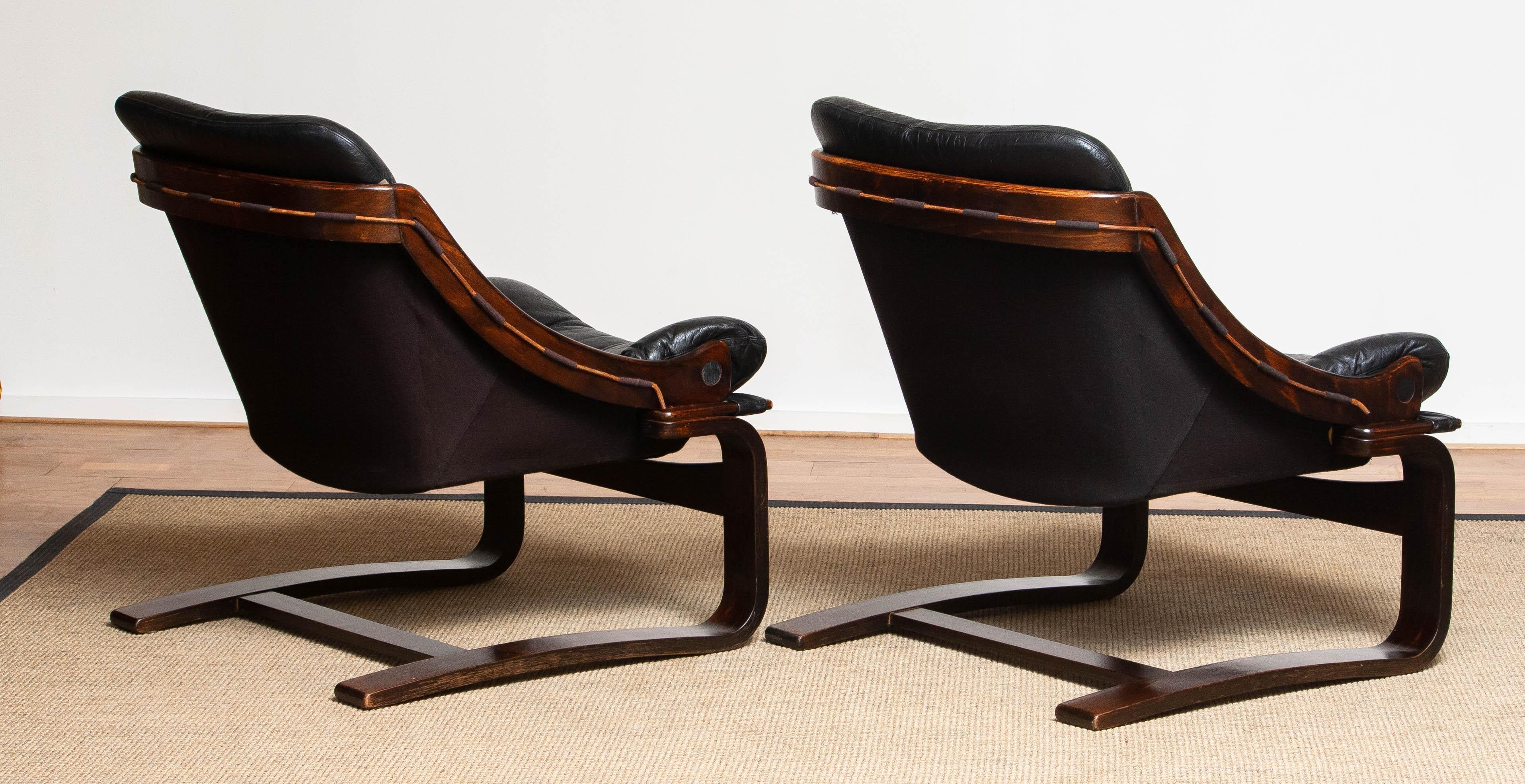 1970's Pair Black Leather Club / Lounge Chairs by Ake Fribytter for Nelo Sweden 4