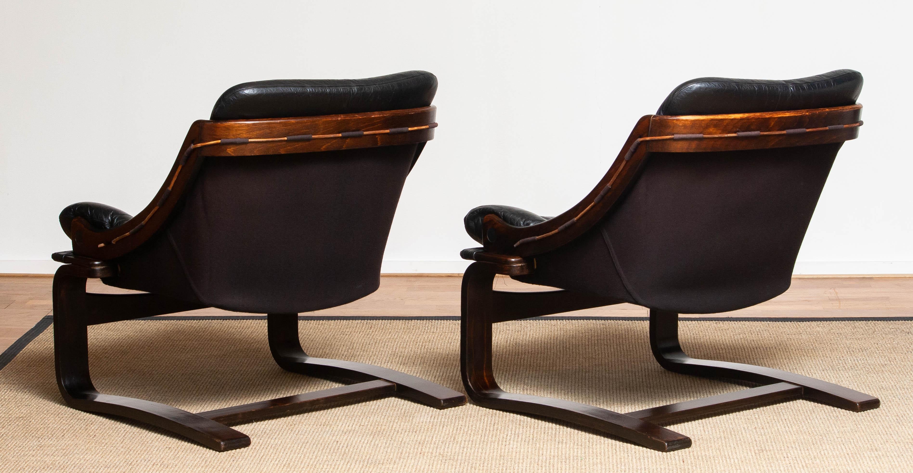 1970's Pair Black Leather Club / Lounge Chairs by Ake Fribytter for Nelo Sweden 5