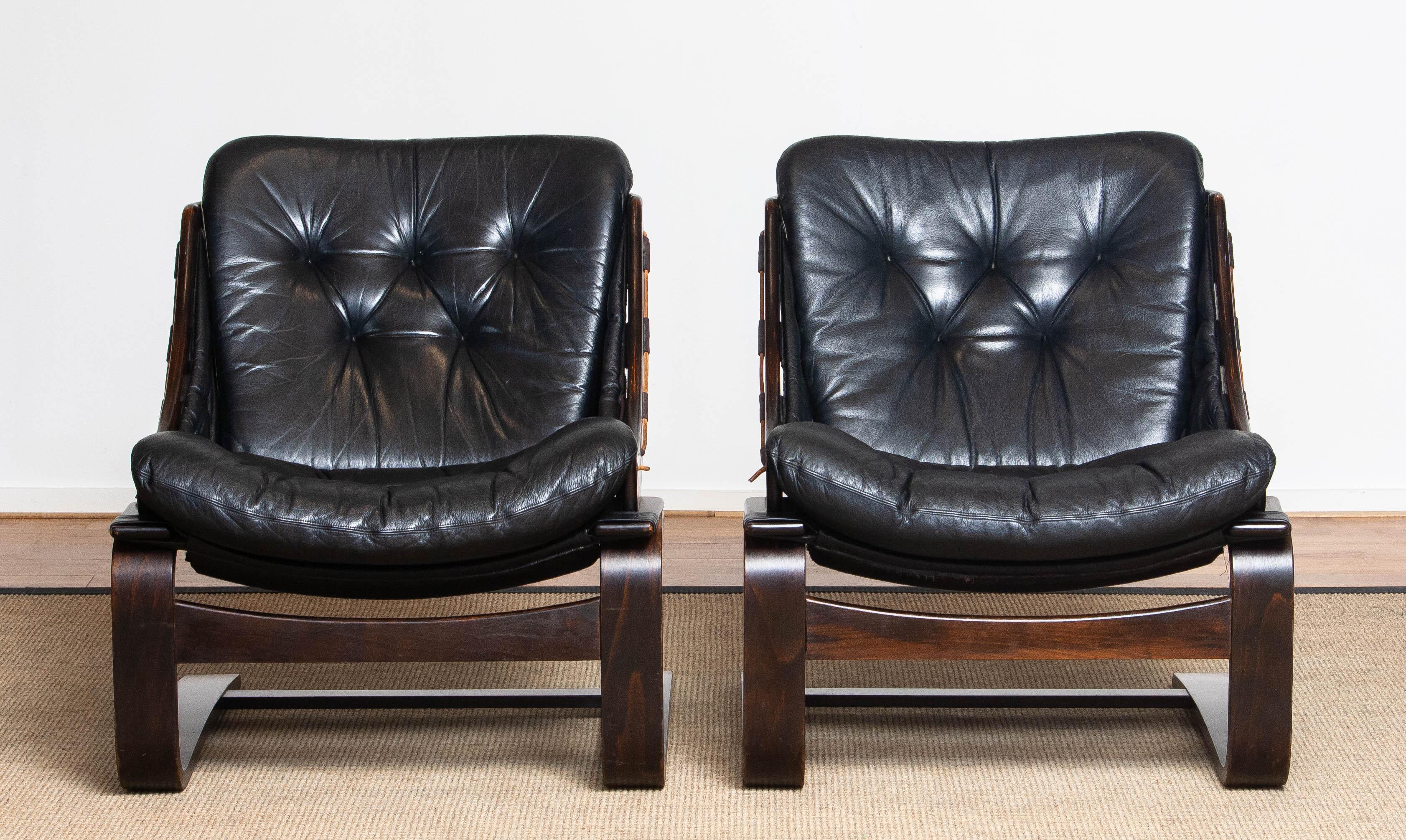 1970's Pair Black Leather Club / Lounge Chairs by Ake Fribytter for Nelo Sweden 6