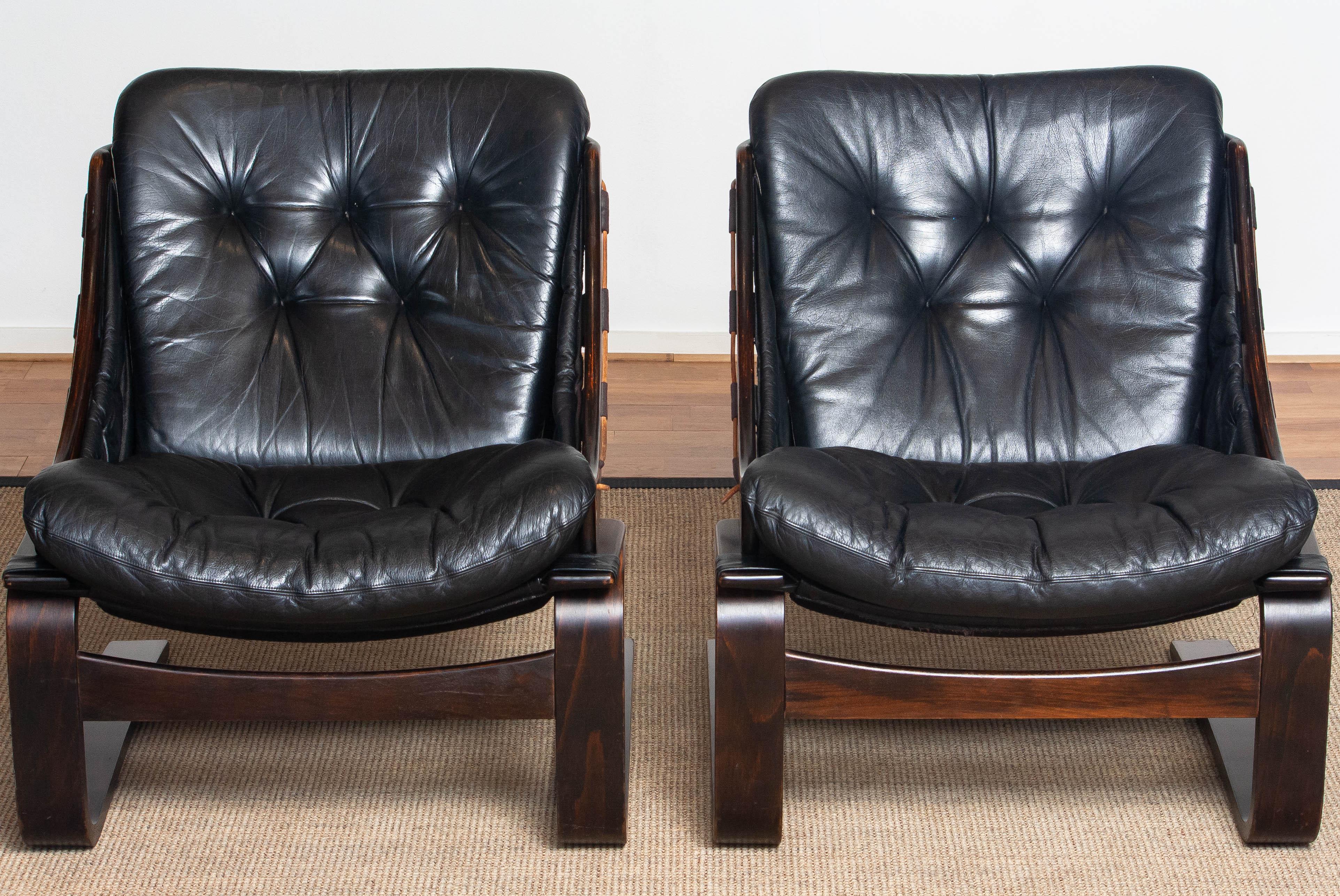 1970's Pair Black Leather Club / Lounge Chairs by Ake Fribytter for Nelo Sweden 7