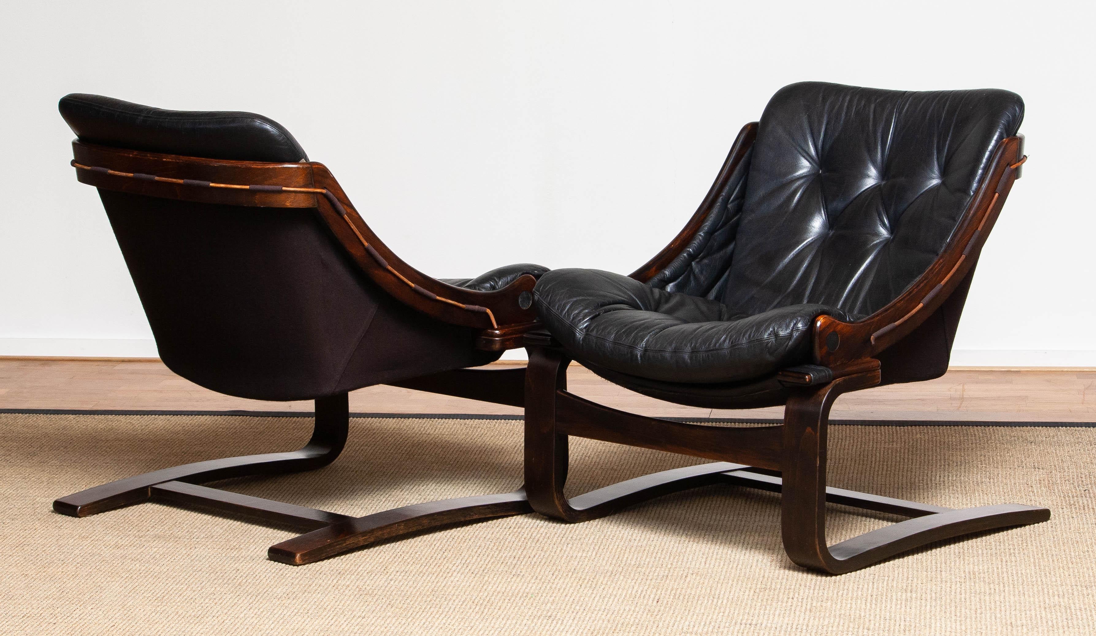 Scandinavian Modern 1970's Pair Black Leather Club / Lounge Chairs by Ake Fribytter for Nelo Sweden