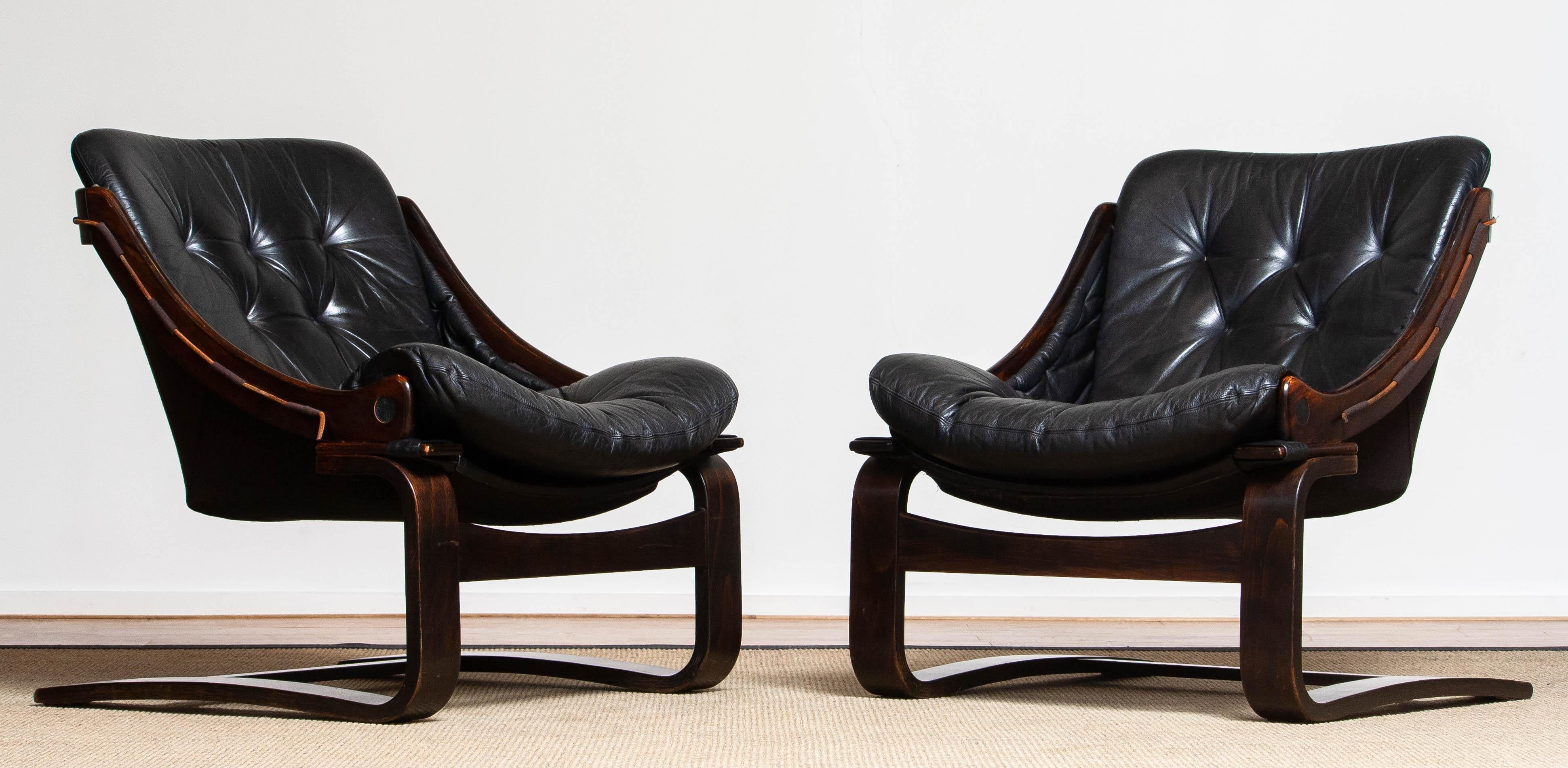 Swedish 1970's Pair Black Leather Club / Lounge Chairs by Ake Fribytter for Nelo Sweden