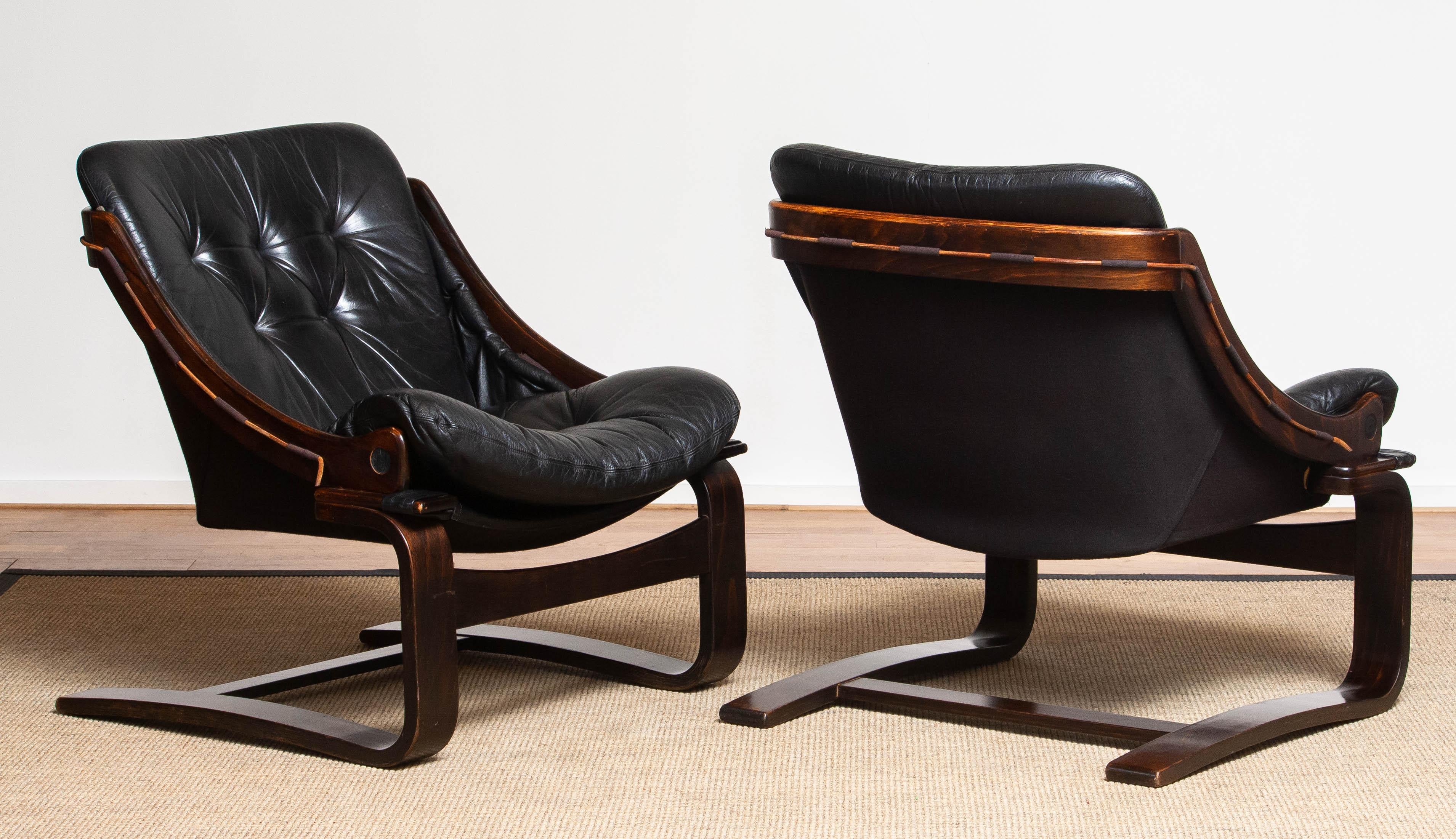 1970's Pair Black Leather Club / Lounge Chairs by Ake Fribytter for Nelo Sweden 1