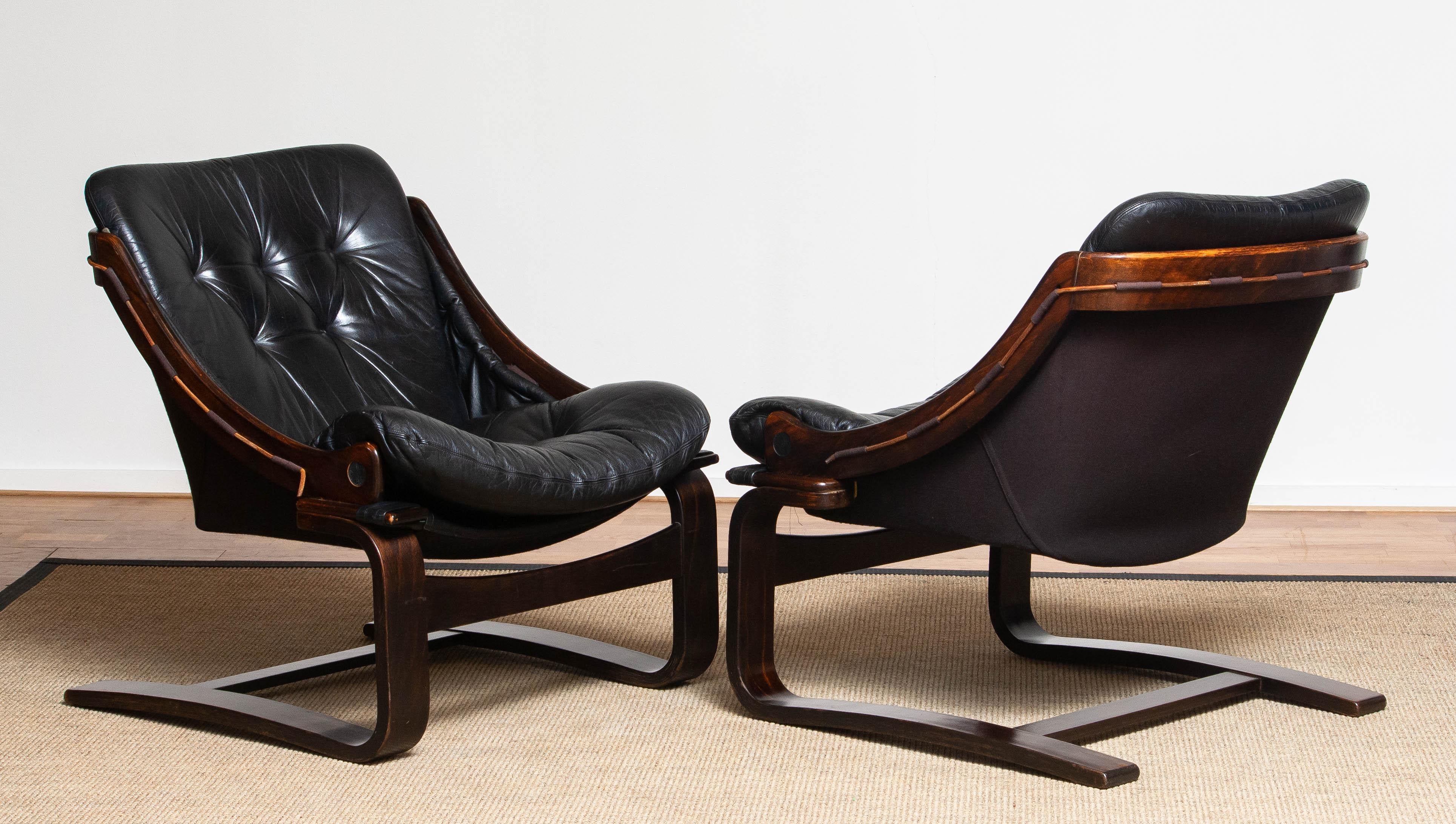 1970's Pair Black Leather Club / Lounge Chairs by Ake Fribytter for Nelo Sweden 2