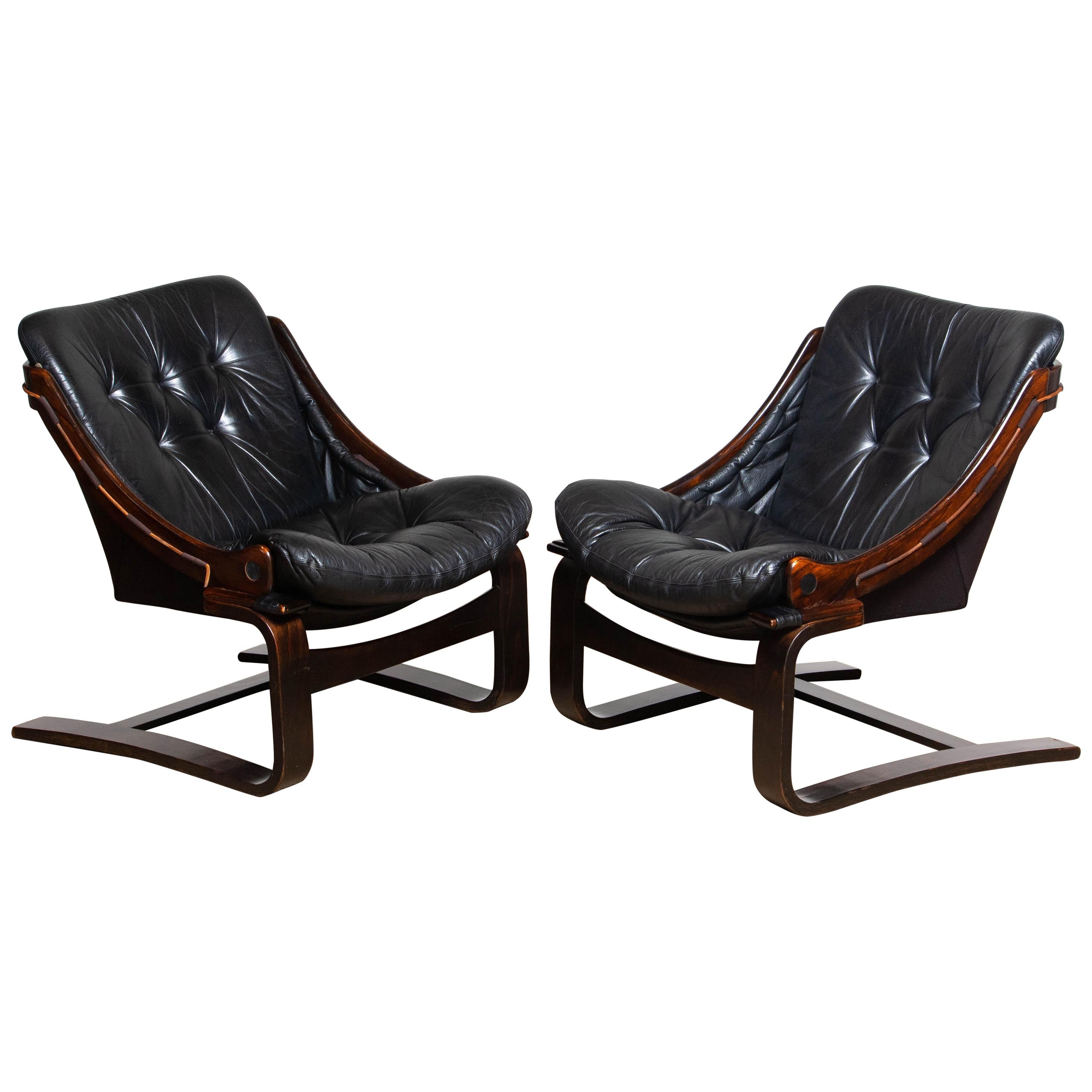 1970's Pair Black Leather Club / Lounge Chairs by Ake Fribytter for Nelo Sweden