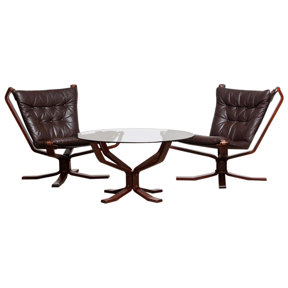 1970s, Pair Brown Leather 'Falcon' Chairs and Coffee Table by Sigurd Resell