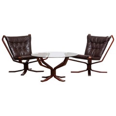1970s, Pair Brown Leather 'Falcon' Chairs and Coffee Table by Sigurd Resell