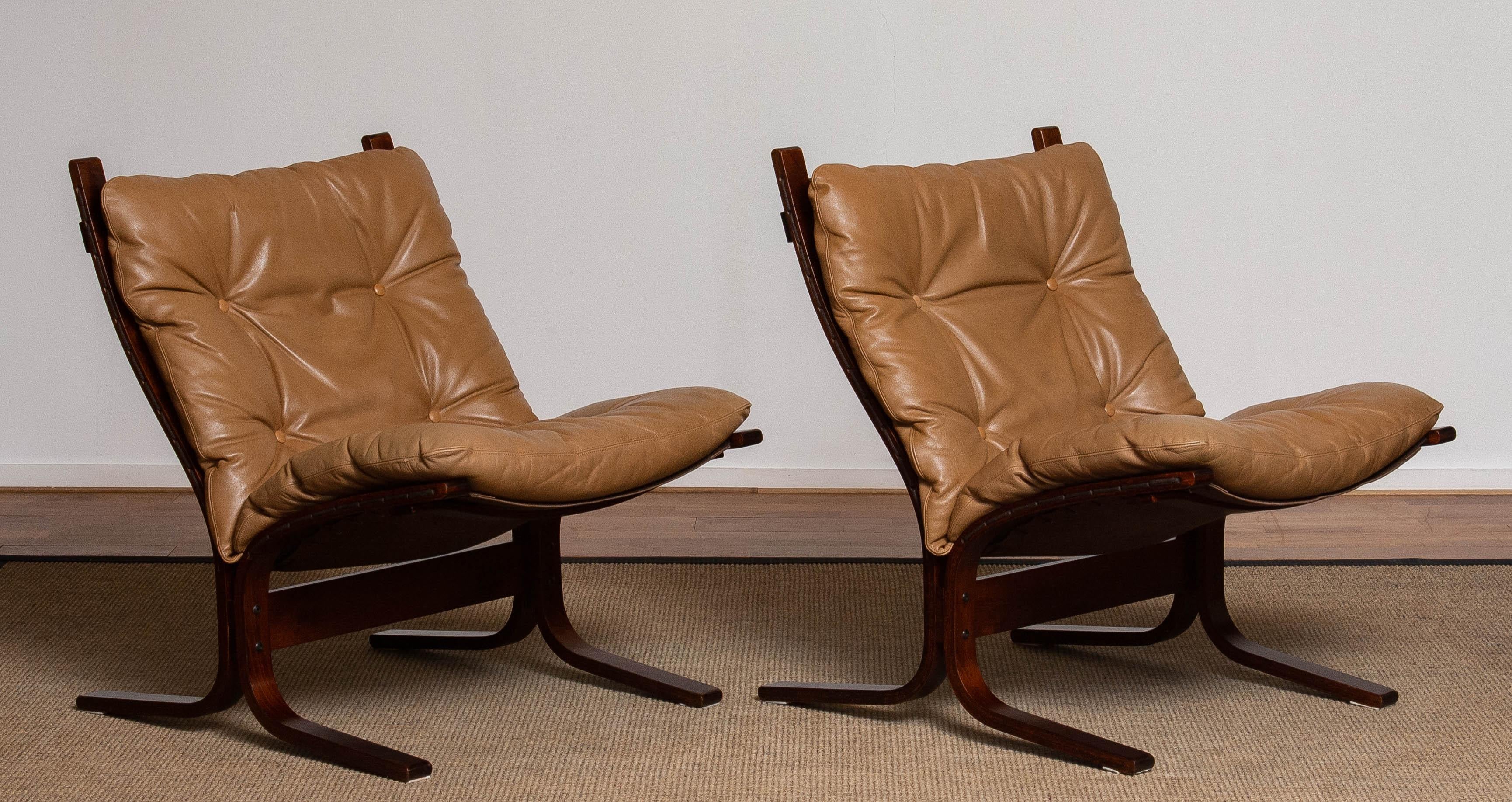 1970s Pair Camel Leather 'Siësta' Lounge Chairs by Ingmar Relling for Westnofa 4