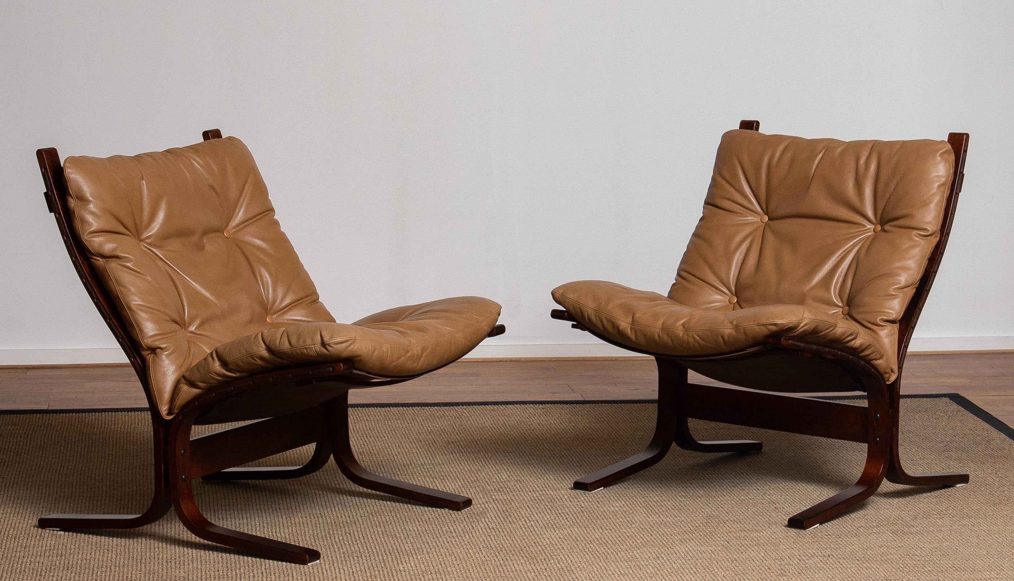 Scandinavian Modern 1970s Pair Camel Leather 'Siësta' Lounge Chairs by Ingmar Relling for Westnofa