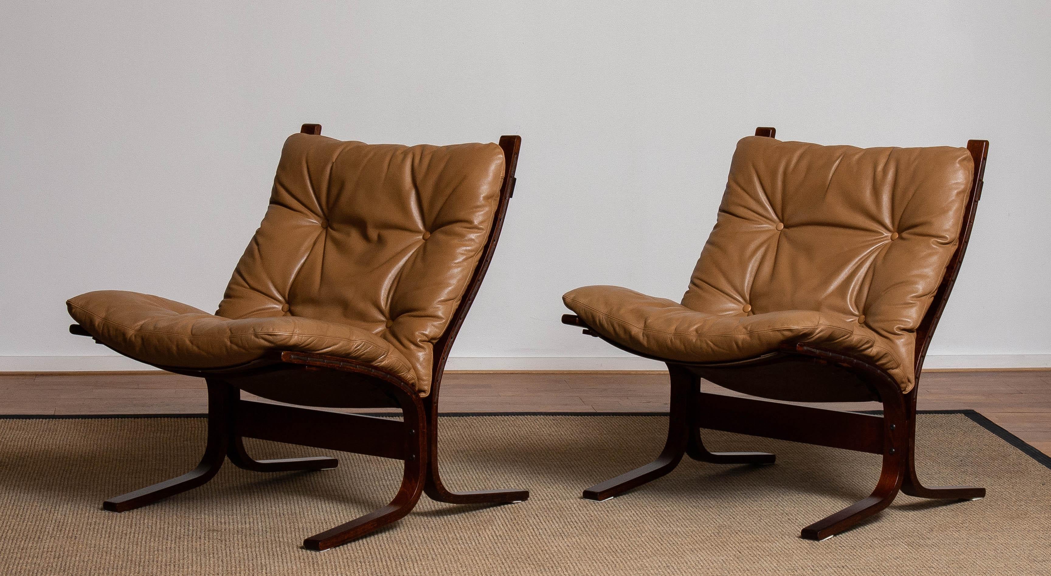 Norwegian 1970s Pair Camel Leather 'Siësta' Lounge Chairs by Ingmar Relling for Westnofa