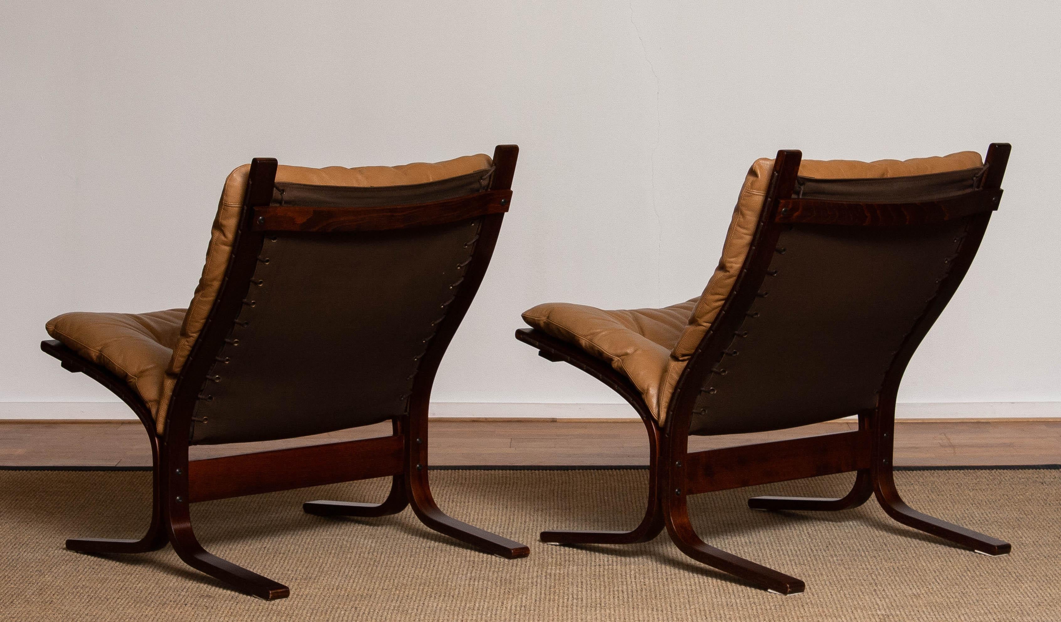 1970s Pair Camel Leather 'Siësta' Lounge Chairs by Ingmar Relling for Westnofa In Good Condition In Silvolde, Gelderland