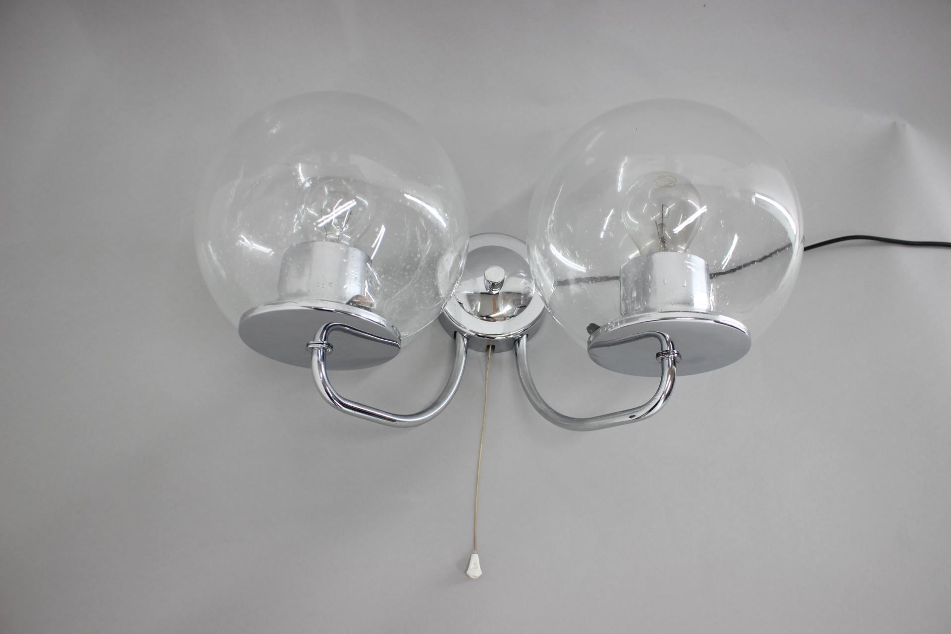 Mid-Century Modern 1970s Pair Chrome and Glass  Wall Lamps , Czechoslovakia For Sale