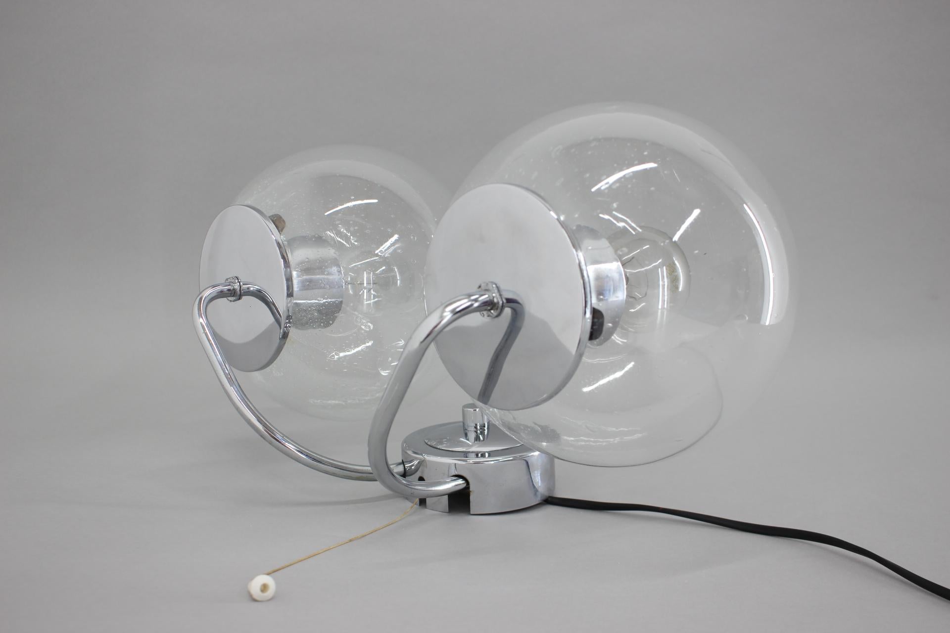1970s Pair Chrome and Glass  Wall Lamps , Czechoslovakia For Sale 3