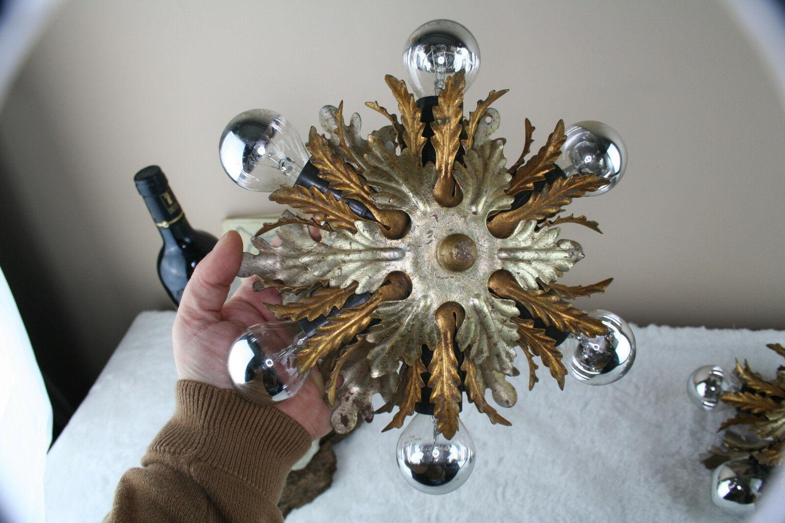 1970s Pair French Gilt & Silver Metal Floral Form Wall Sconces Sunburst For Sale 5