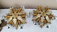 1970s Pair French Gilt & Silver Metal Floral Form Wall Sconces Sunburst