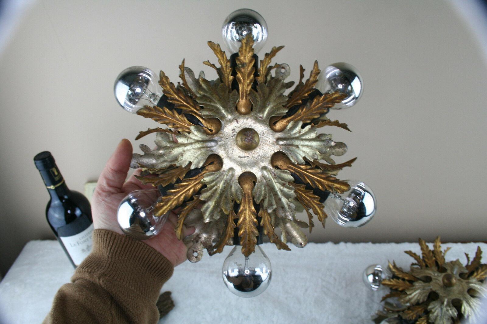 Mid-Century Modern 1970s Pair French Gilt & Silver Metal Floral Form Wall Sconces Sunburst For Sale