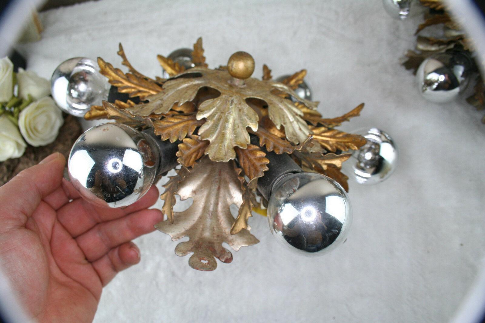 Late 20th Century 1970s Pair French Gilt & Silver Metal Floral Form Wall Sconces Sunburst For Sale