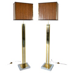 1970s Pair Italian Chrome Brass Bamboo Standard Floor Lamps Hollywood Regency