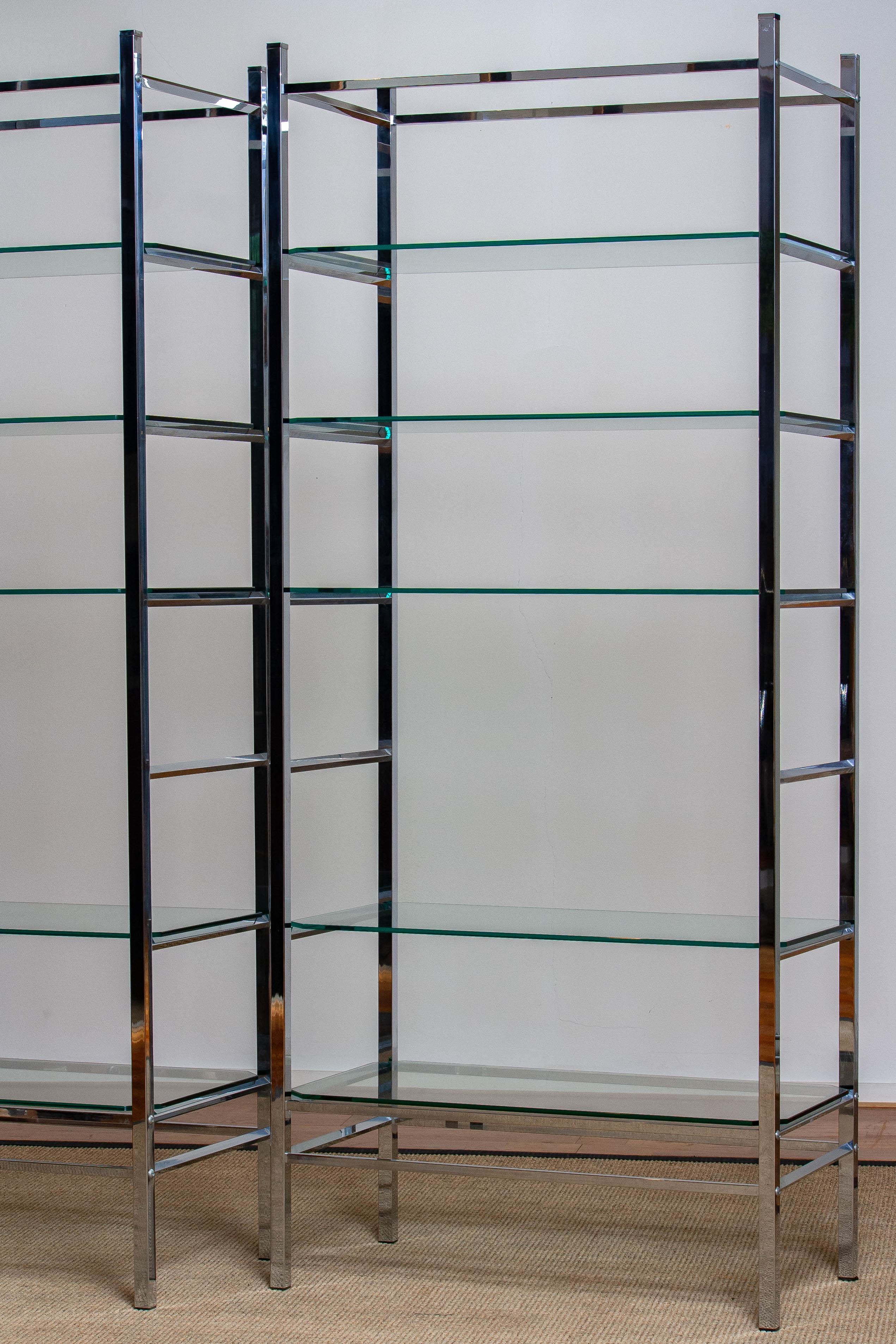 Late 20th Century 1970's Pair Italian Modernist Vitrine / Bookcase / Etagere in Chrome with Glass