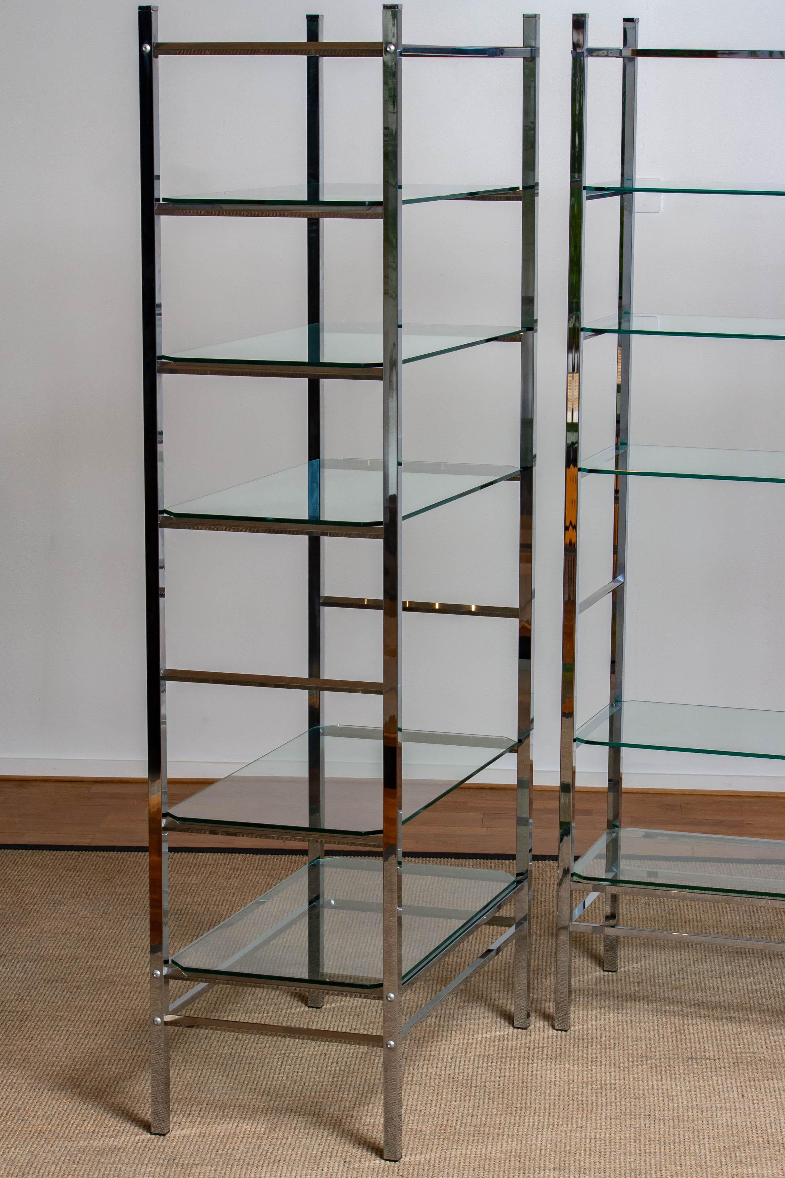 1970's Pair Italian Modernist Vitrine / Bookcase / Etagere in Chrome with Glass 1