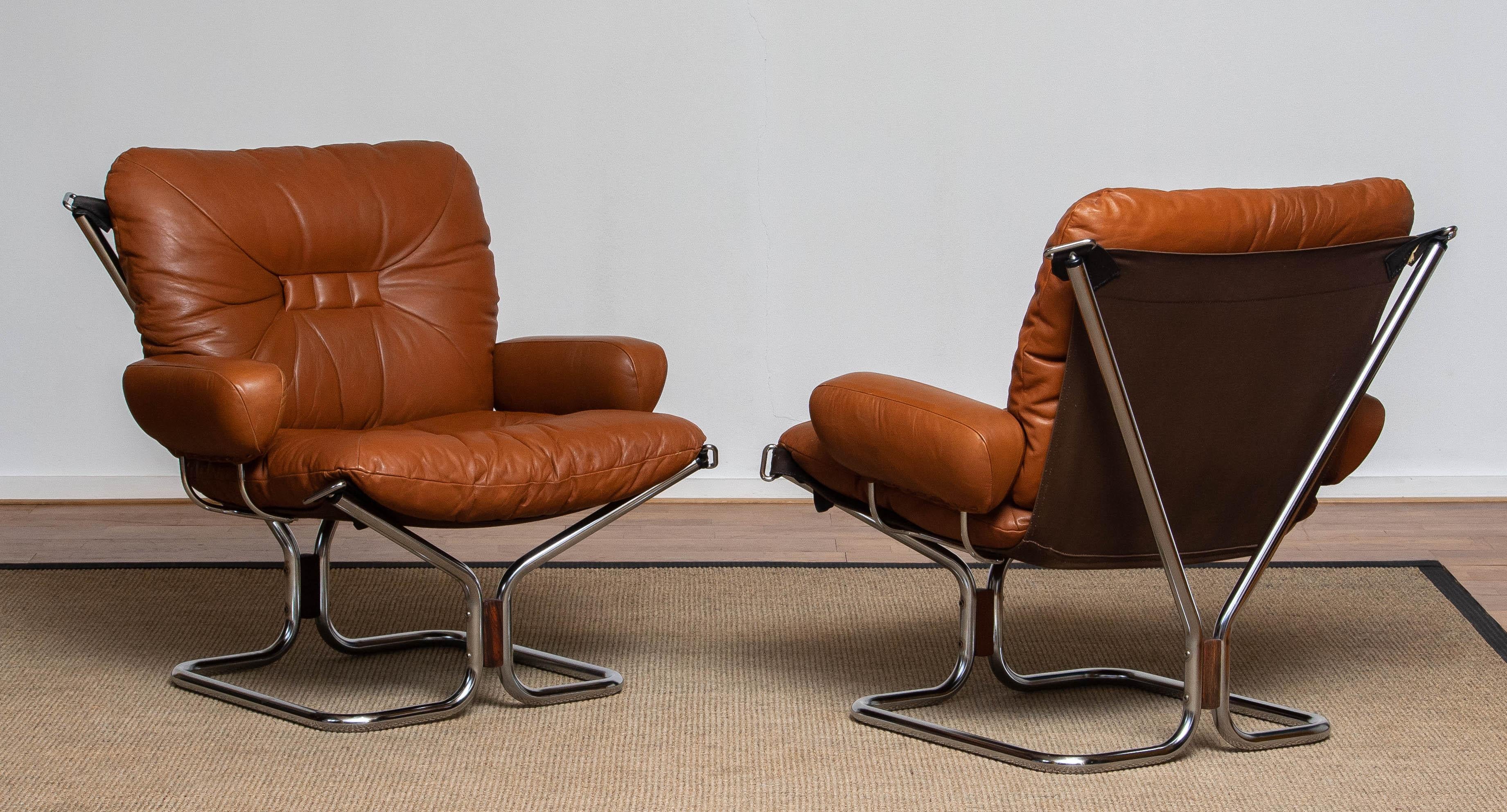 1970s Pair Lounge Chairs in Cognac Leather and Chrome by Harald Relling  3