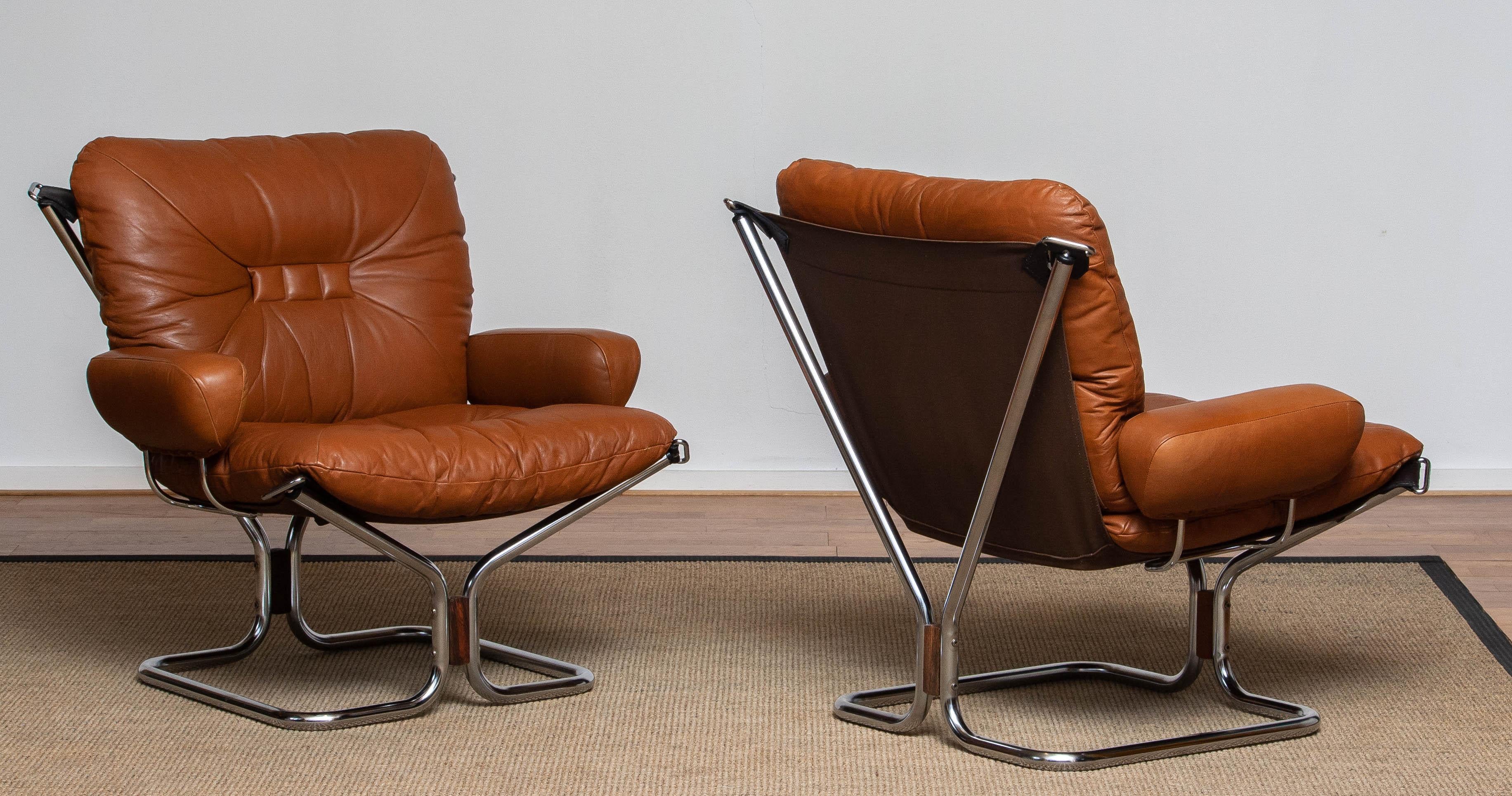 1970s Pair Lounge Chairs in Cognac Leather and Chrome by Harald Relling  4