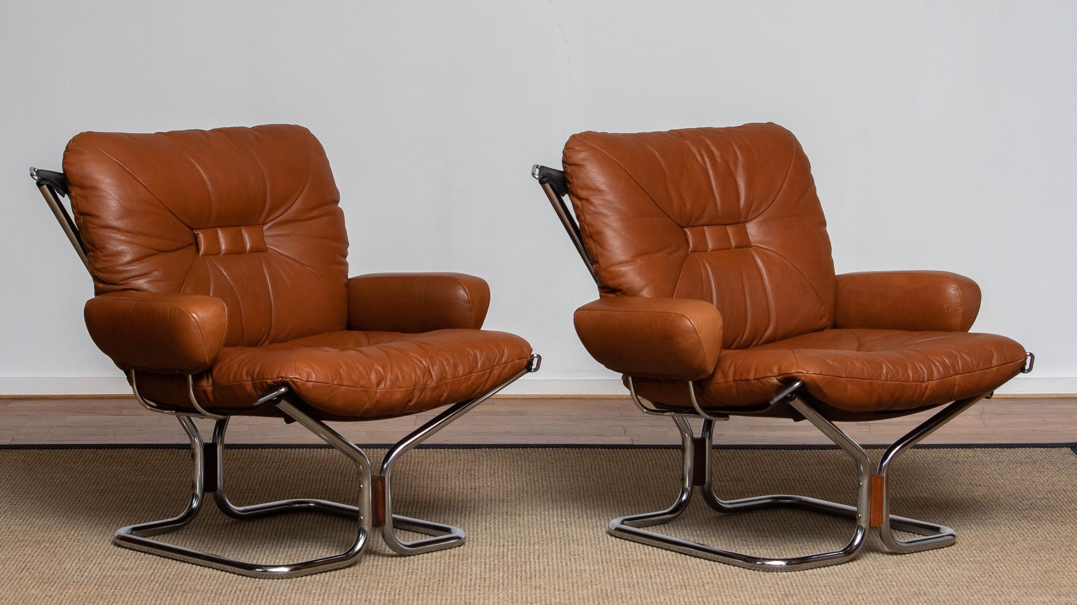 1970s Pair Lounge Chairs in Cognac Leather and Chrome by Harald Relling  5