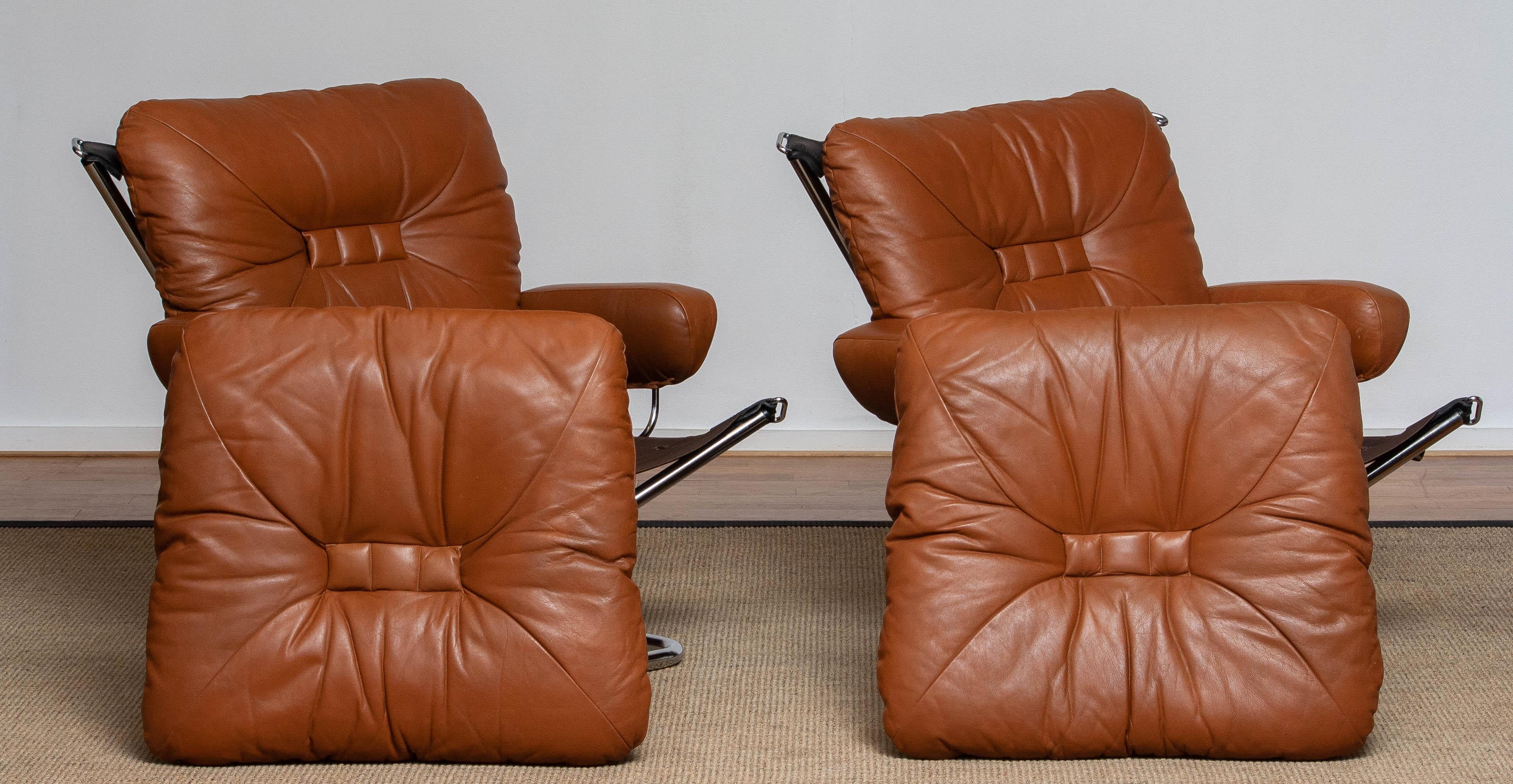 1970s Pair Lounge Chairs in Cognac Leather and Chrome by Harald Relling  6