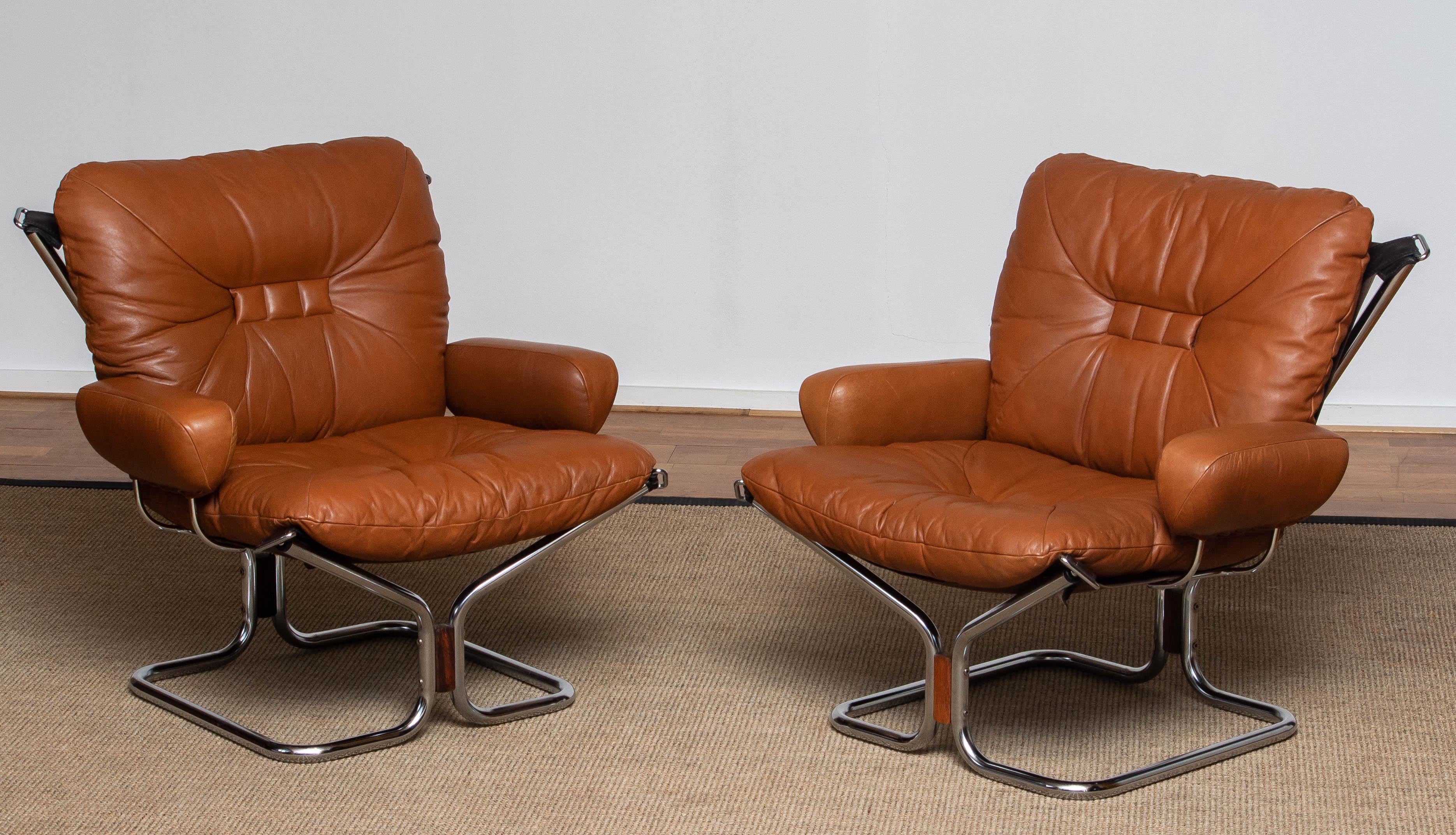 Scandinavian Modern 1970s Pair Lounge Chairs in Cognac Leather and Chrome by Harald Relling 