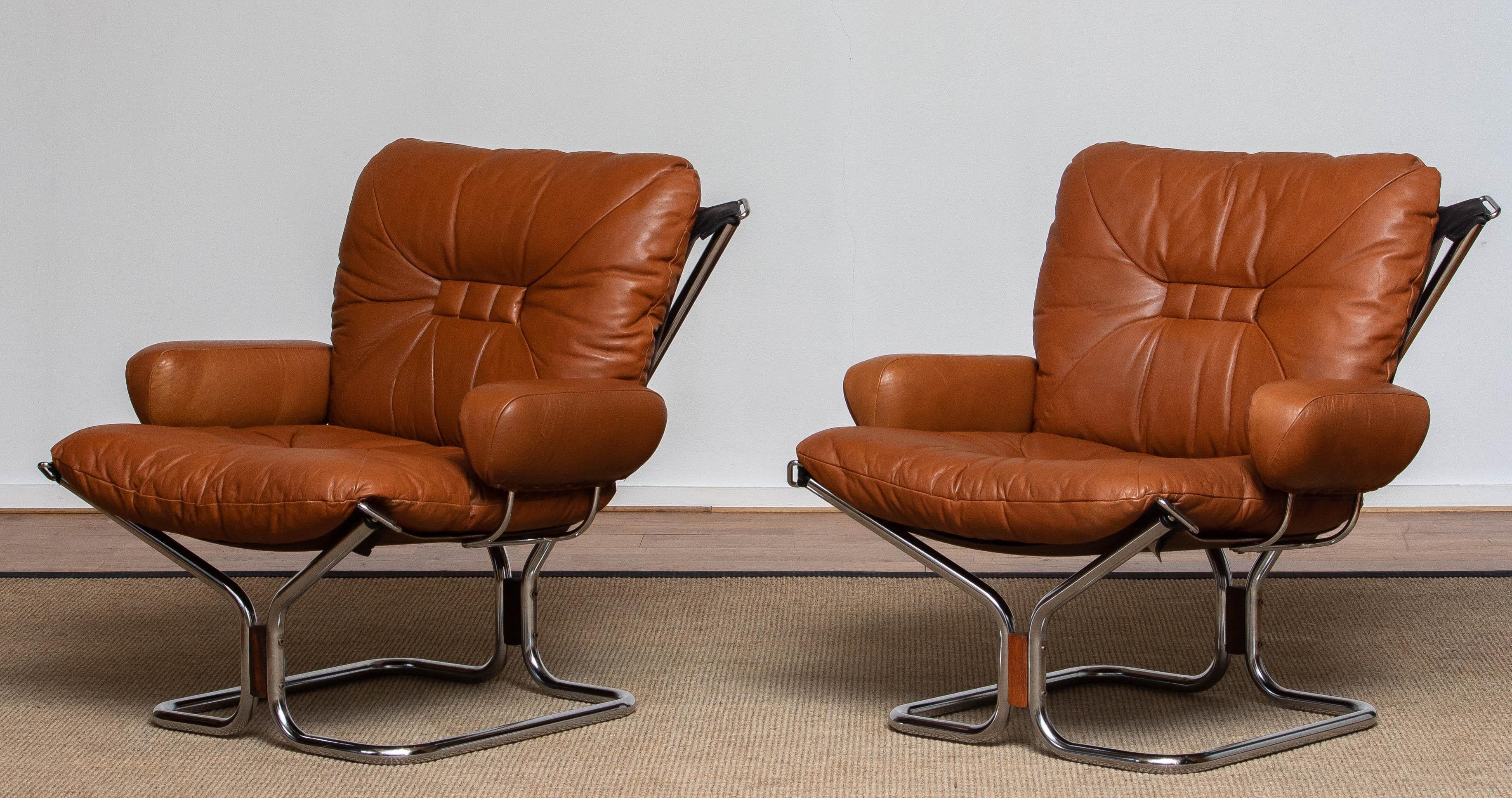 Norwegian 1970s Pair Lounge Chairs in Cognac Leather and Chrome by Harald Relling 