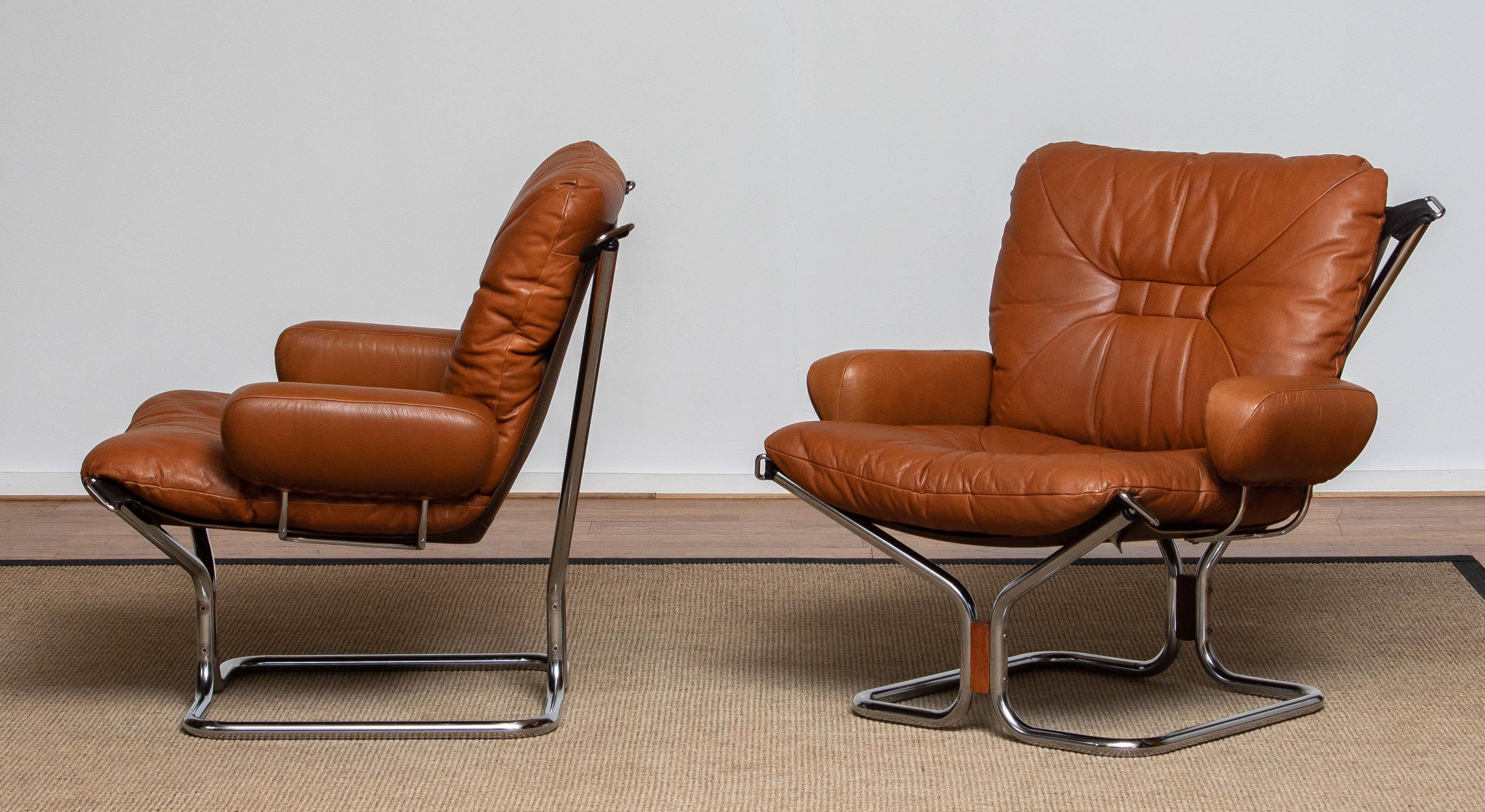 1970s Pair Lounge Chairs in Cognac Leather and Chrome by Harald Relling  In Good Condition In Silvolde, Gelderland
